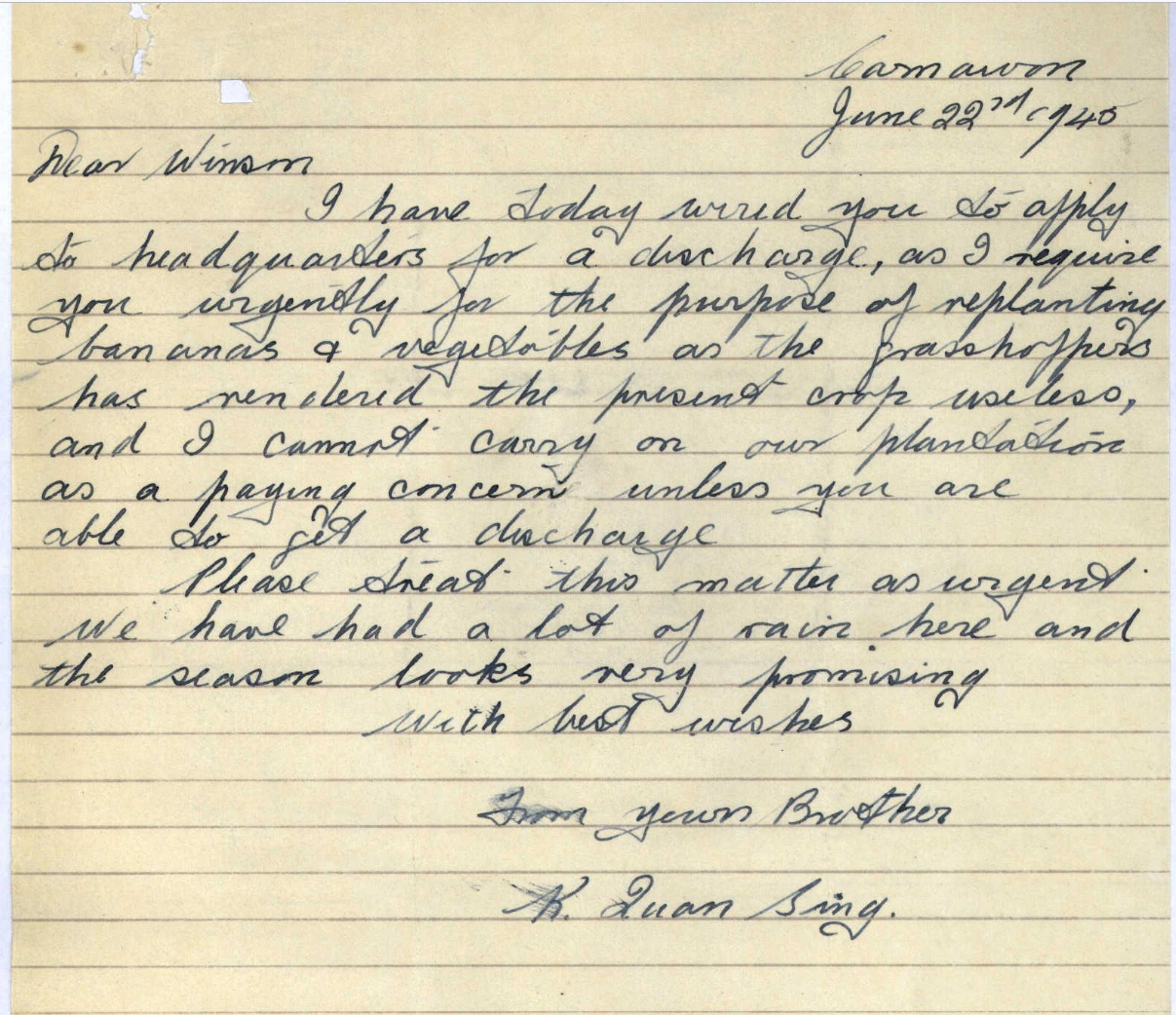 Letter to Winson Quan Sing, 1945