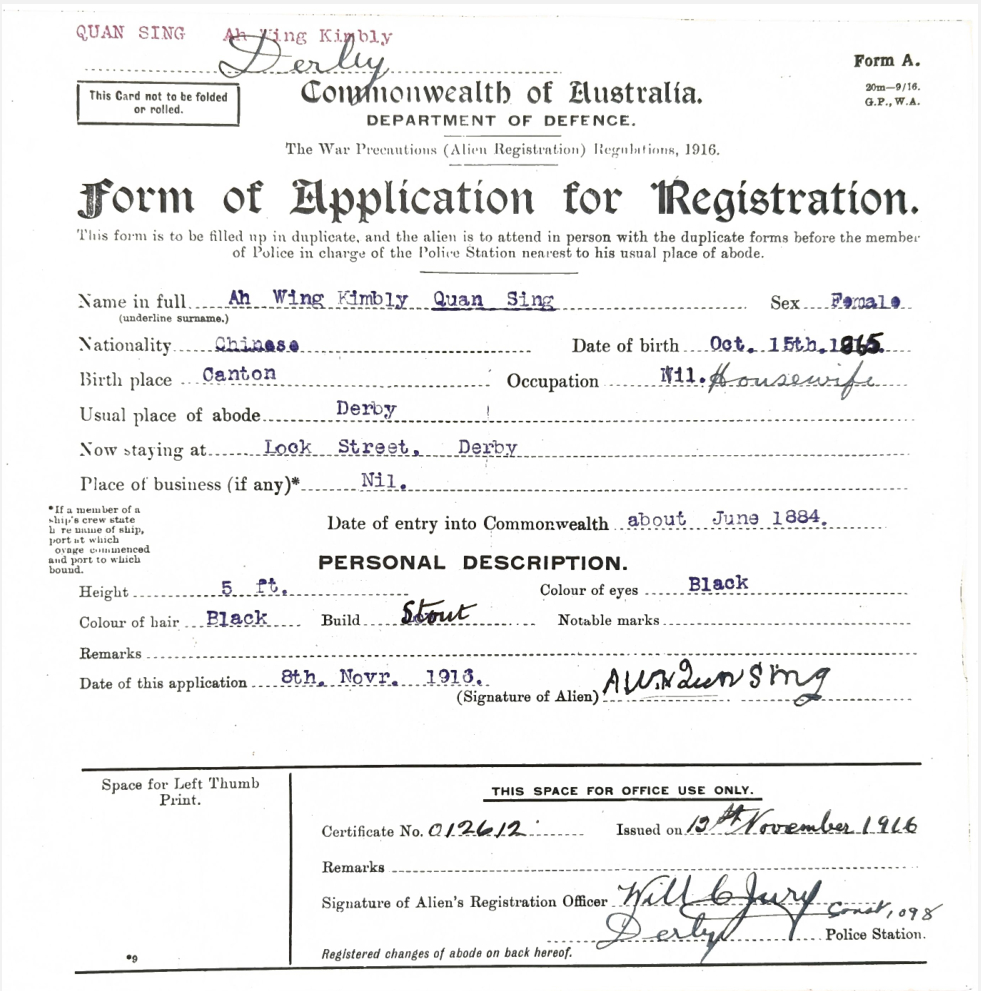 Kimbly Quan Sing - Alien Registration Card
