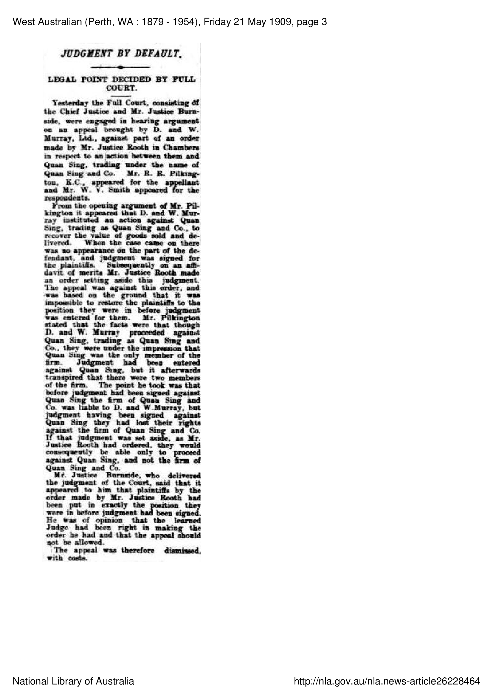 1909 - Judgement by Default