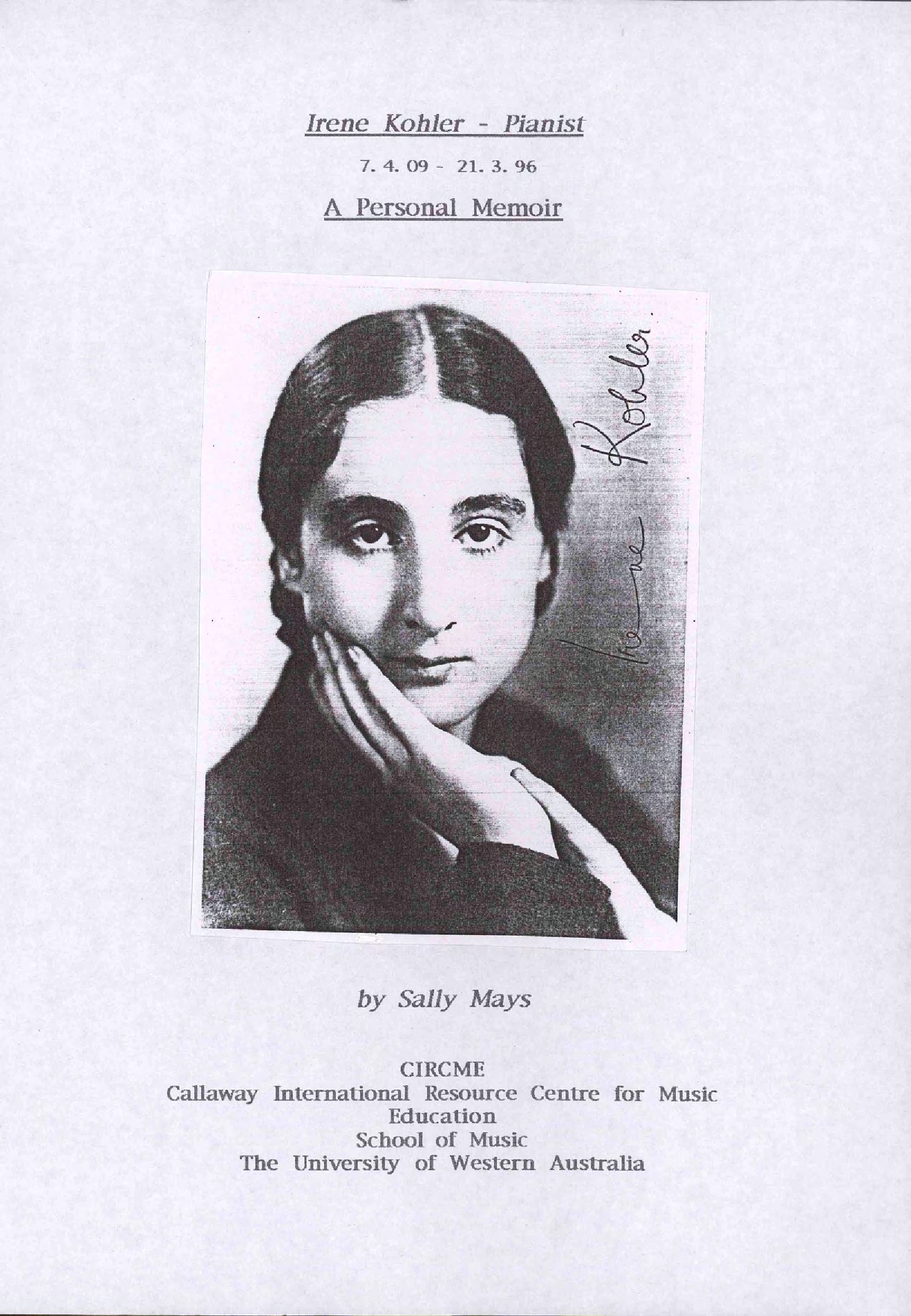 Irene Kohler, pianist : a personal memoir