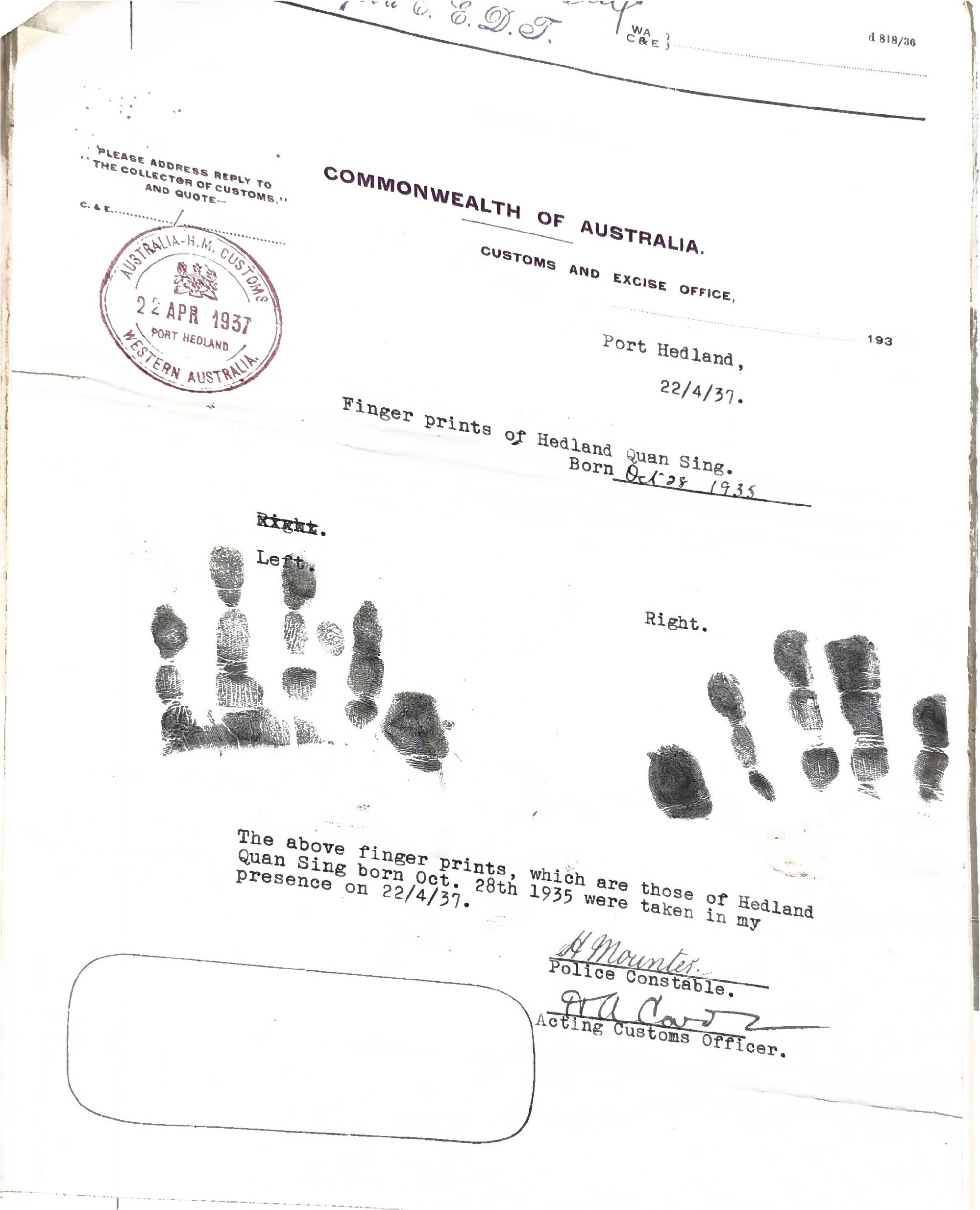 Hedland's fingerprints - 1937