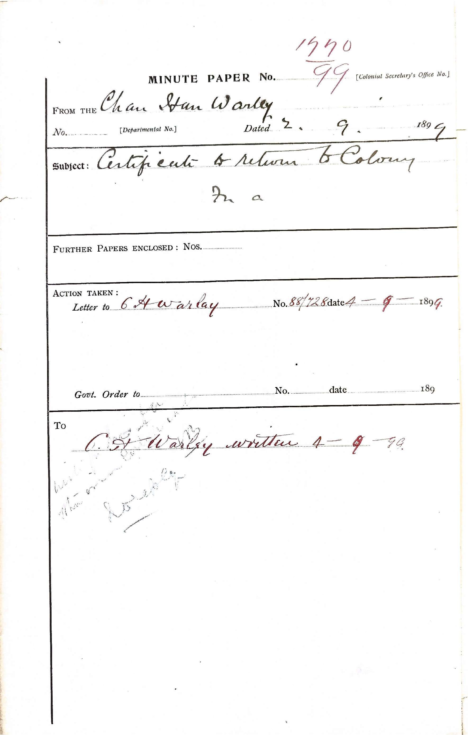C. H. Warley - Certificate to return to the Colony 1899