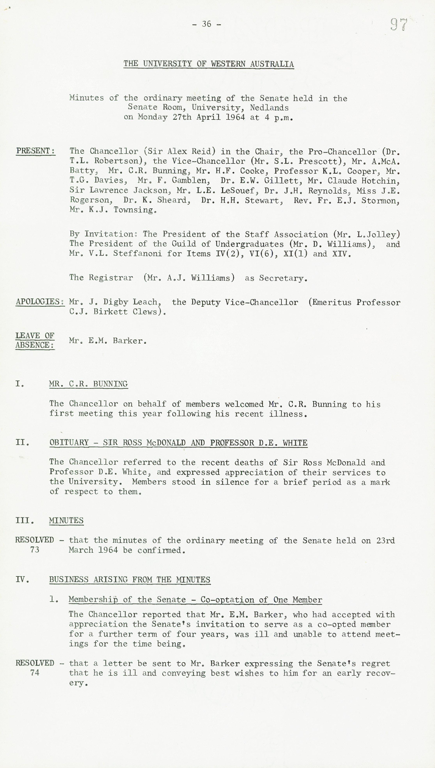 Minutes - Meeting of the Senate - 27 April 1964 - Folio 97 - 247