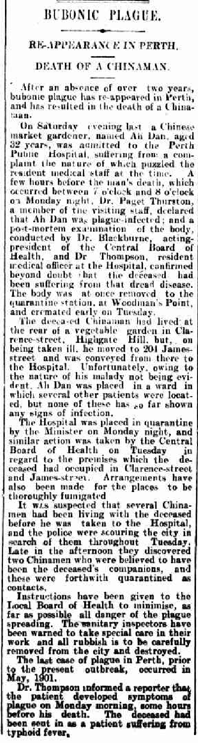 Bubonic Plague: re-appearance in Perth