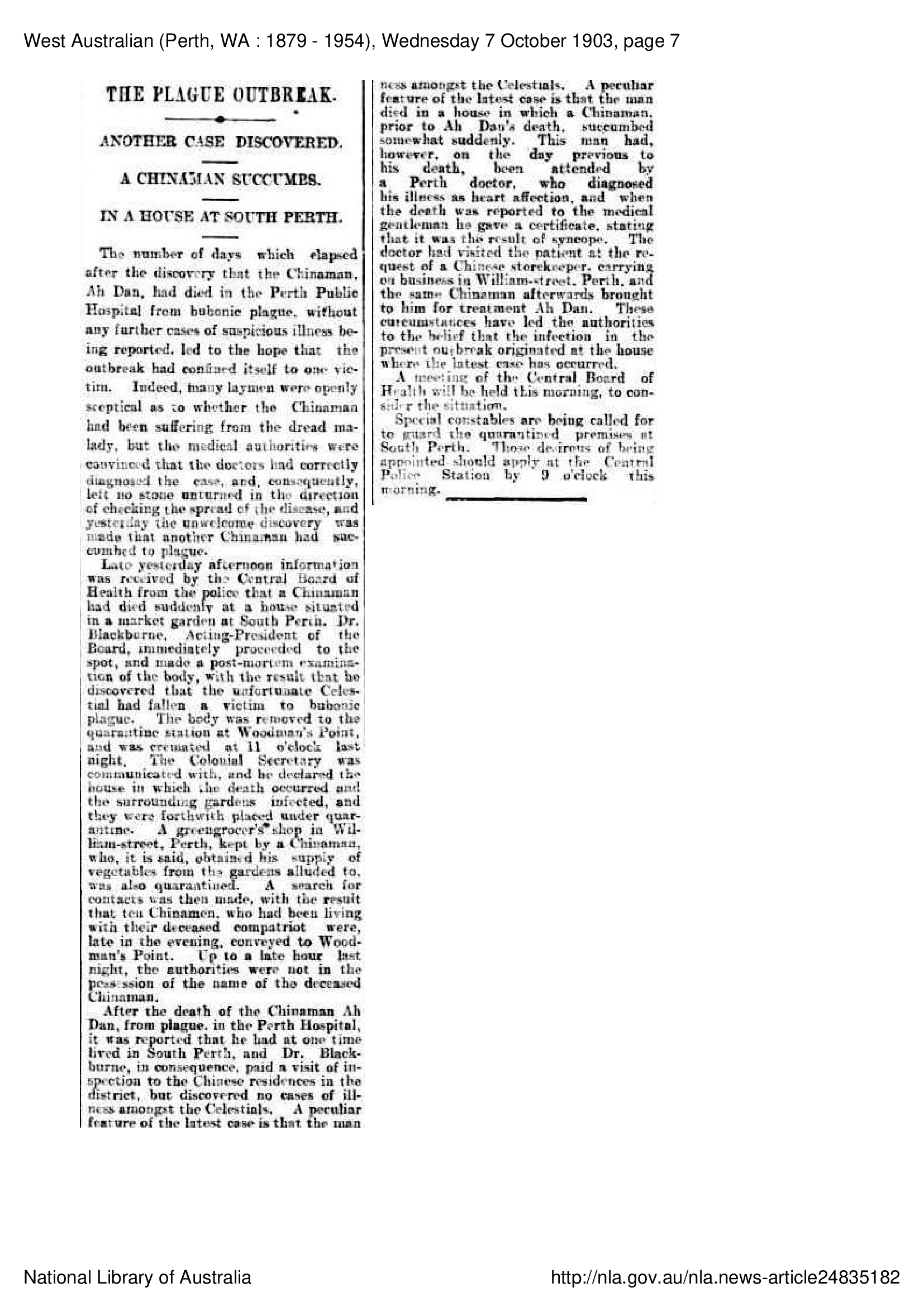 The Plague Outbreak: Another case discovered in a house at South Perth