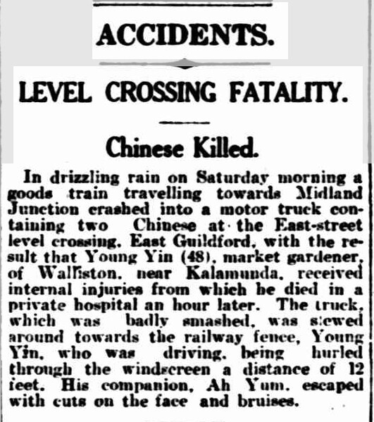 Accidents. Level Crossing Fatality. Chinese Killed