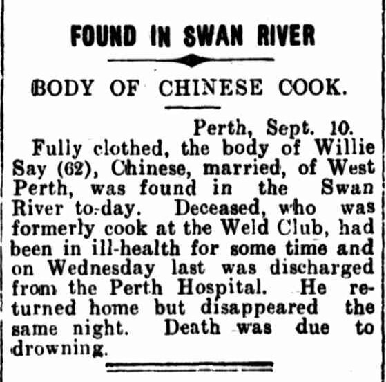 Found in Swan River: Body of Chinese Cook