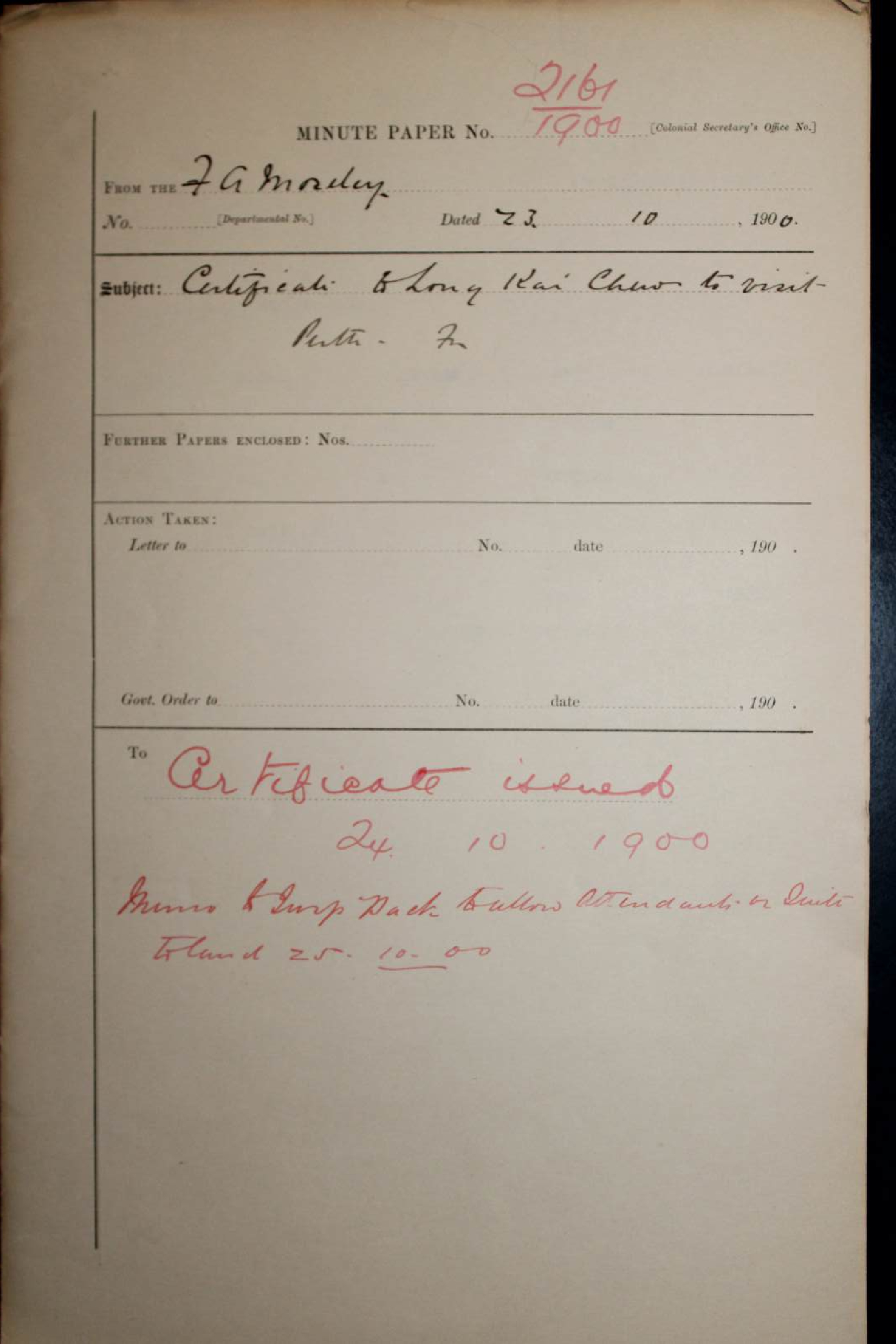 Certificate to Long Kai Chew (Liang Qichao) to visit the Colony