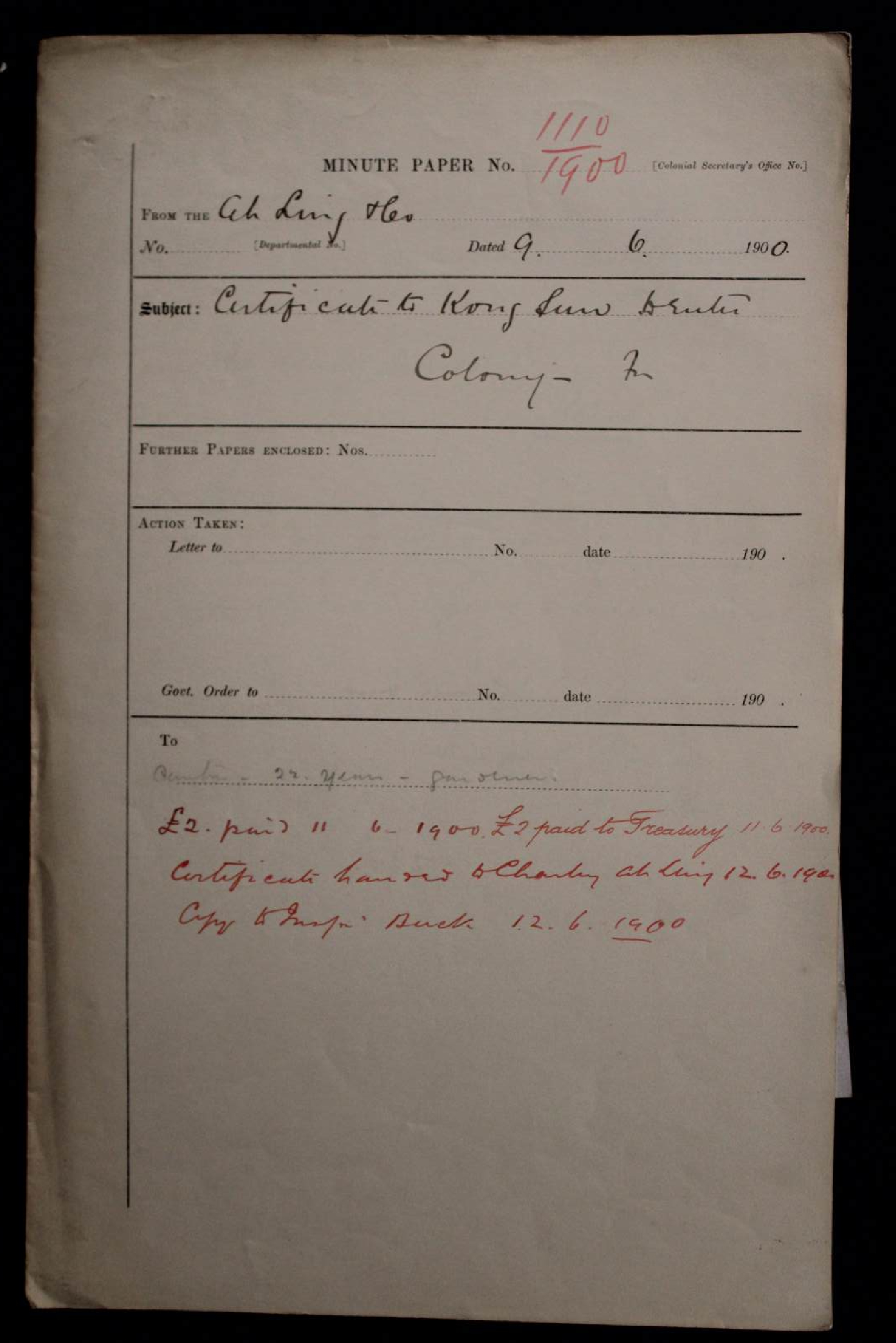 Kong Sun - Certificate to return to the colony 1900