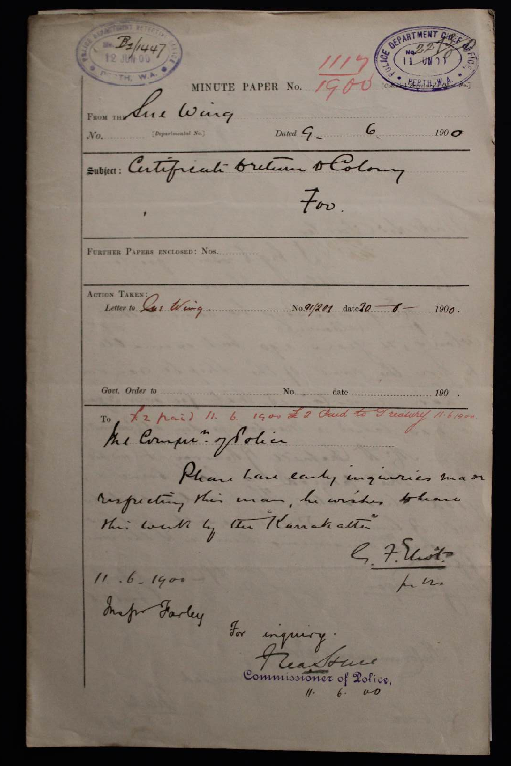 Sue Wing - Certificate to return to the Colony 1900