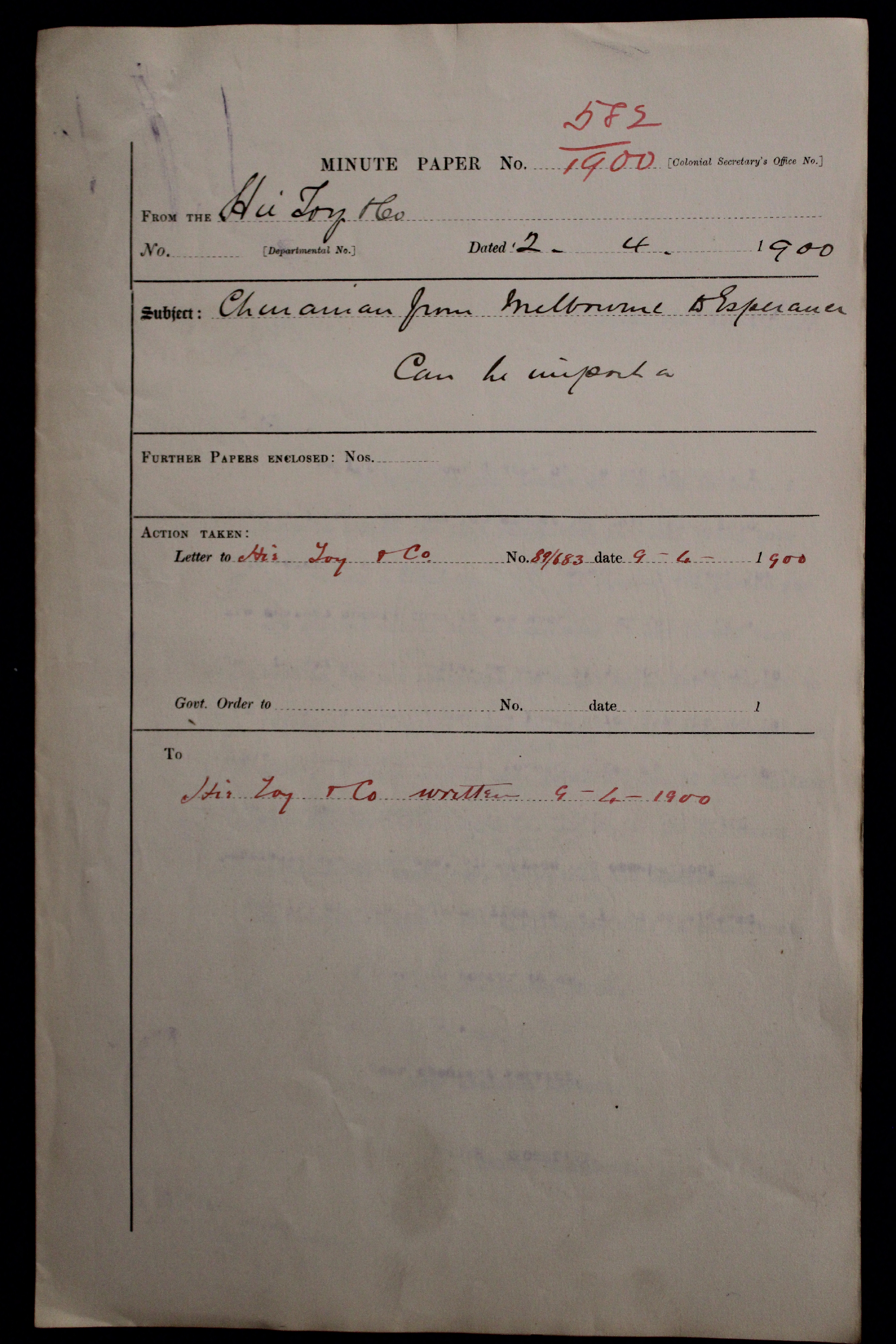Hie Toy &amp; Co. - Chinaman from Melbourne to Esperance 1900