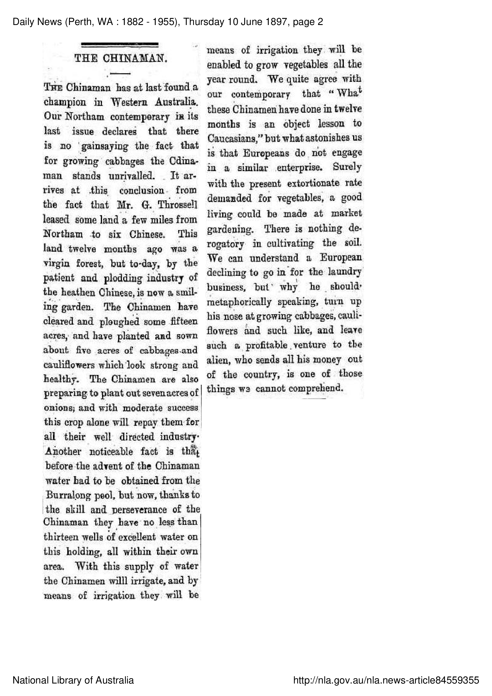 George Throssell leases land to Chinese Market Gardeners, 1897