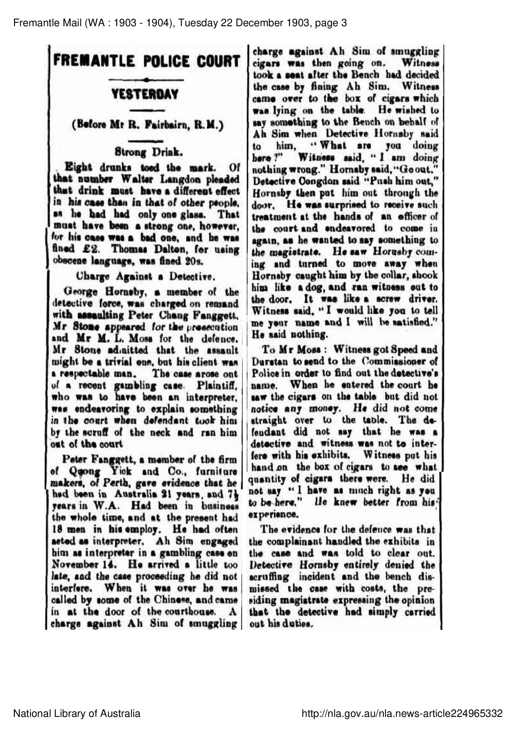 Charge against a detective for a court assault 1903
