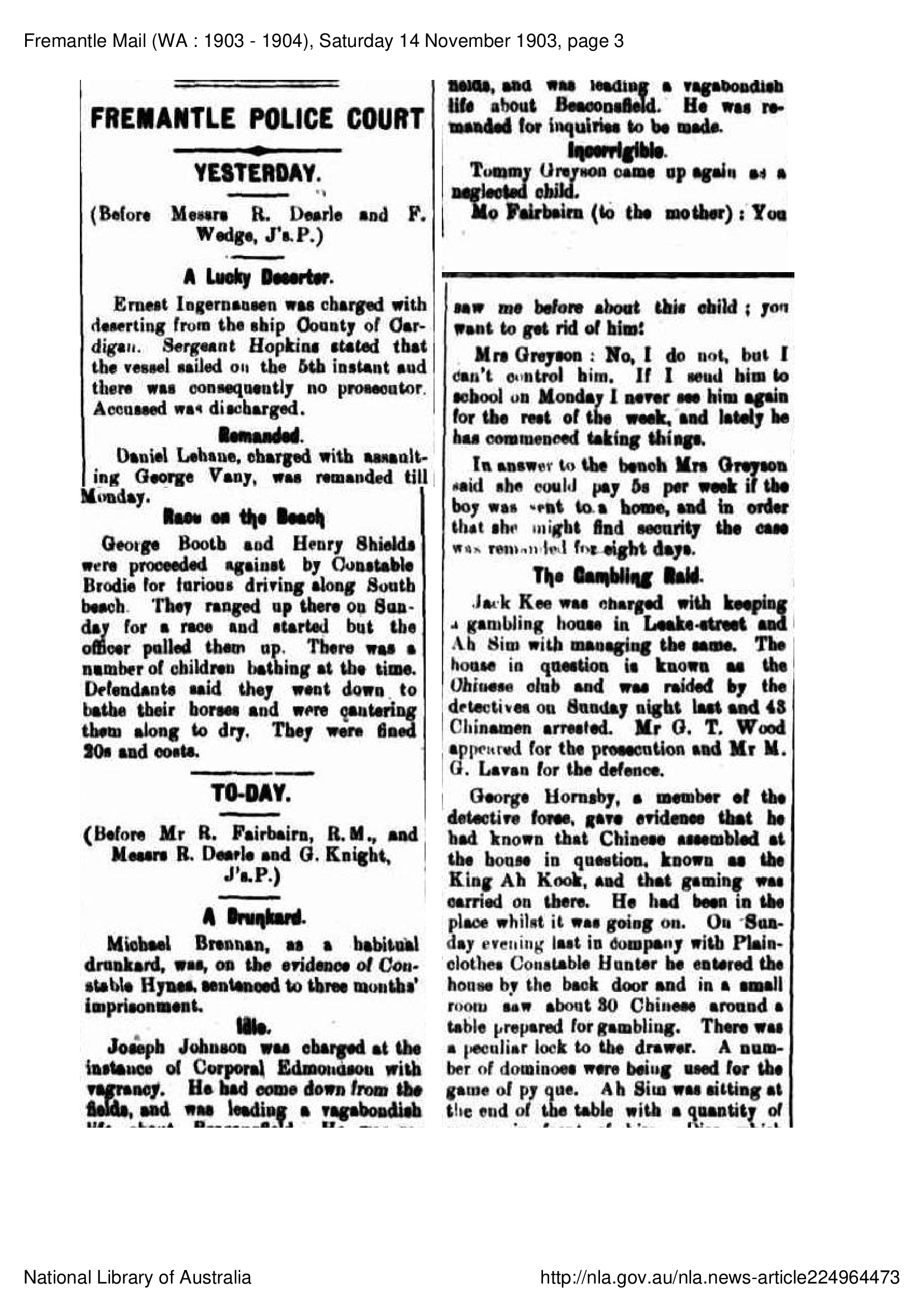The Gambling Raid - November 1903