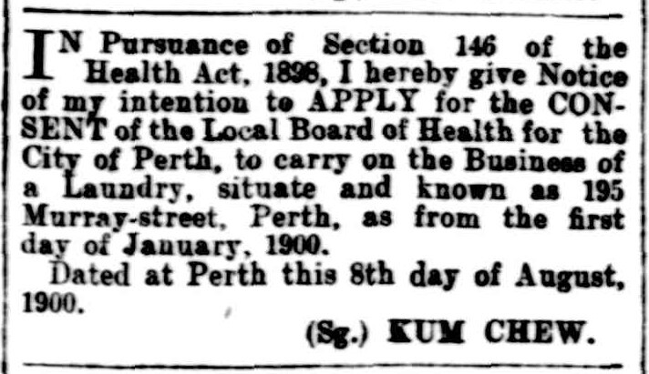 Kum Chew opens laundry in Murray Street, Perth