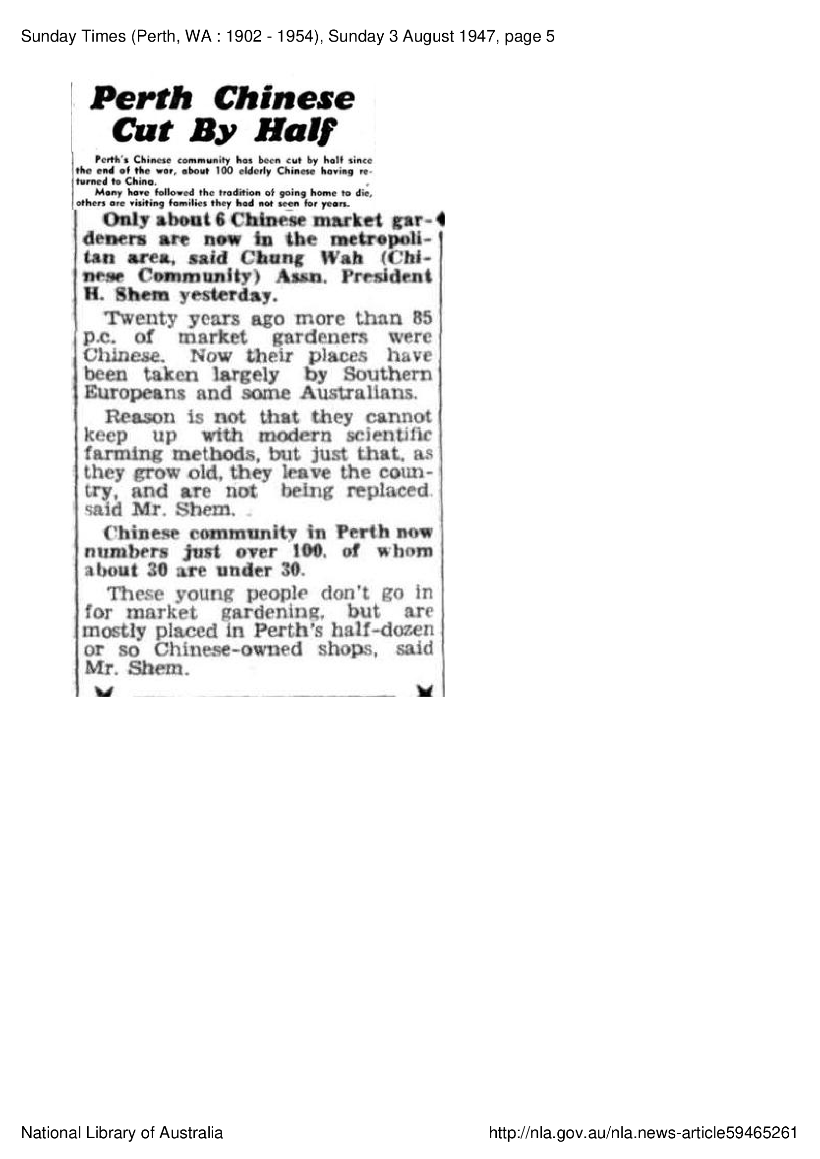 Perth Chinese Cut by Half 1947