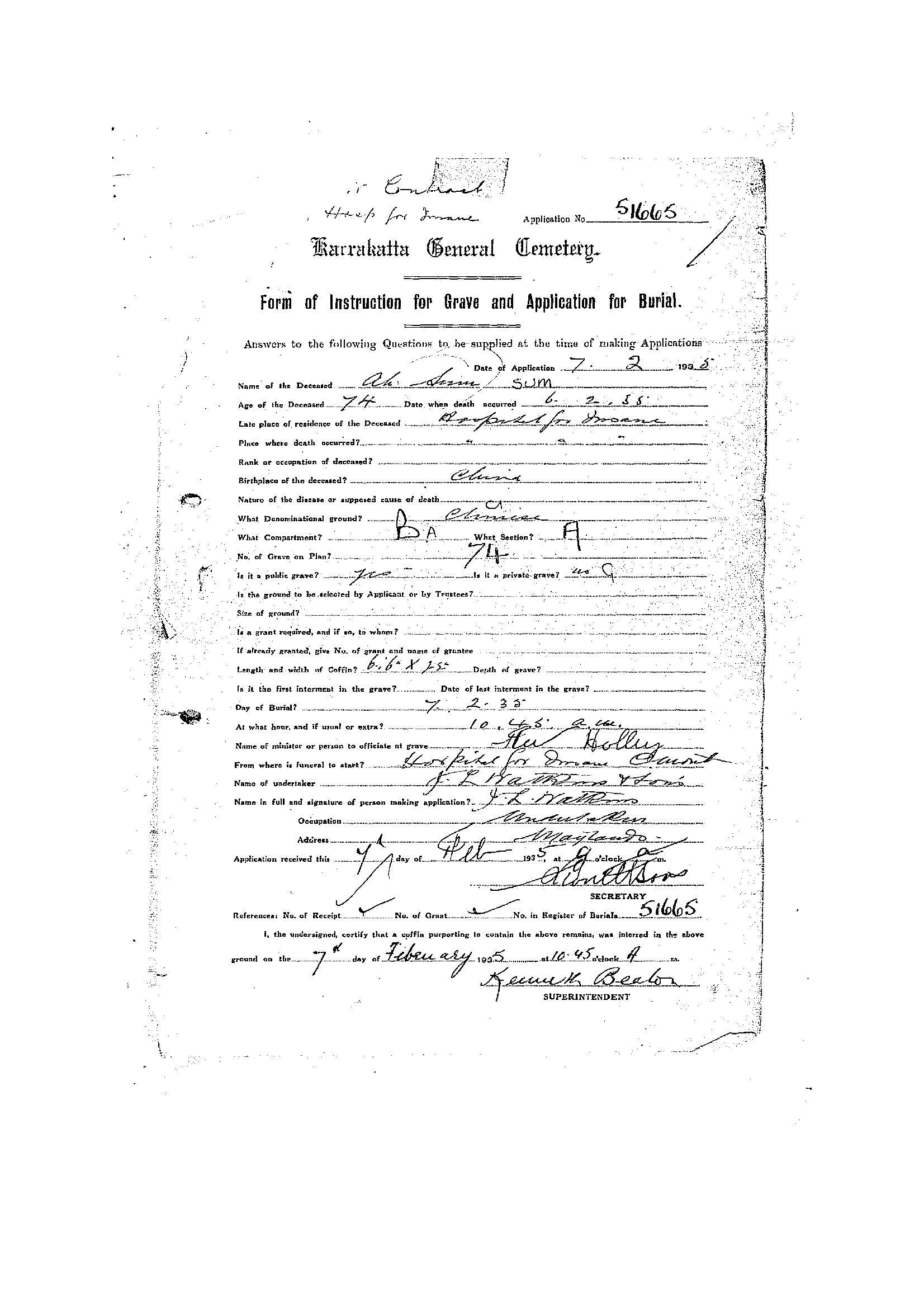 Ah Sum Karrakatta Cemetery record