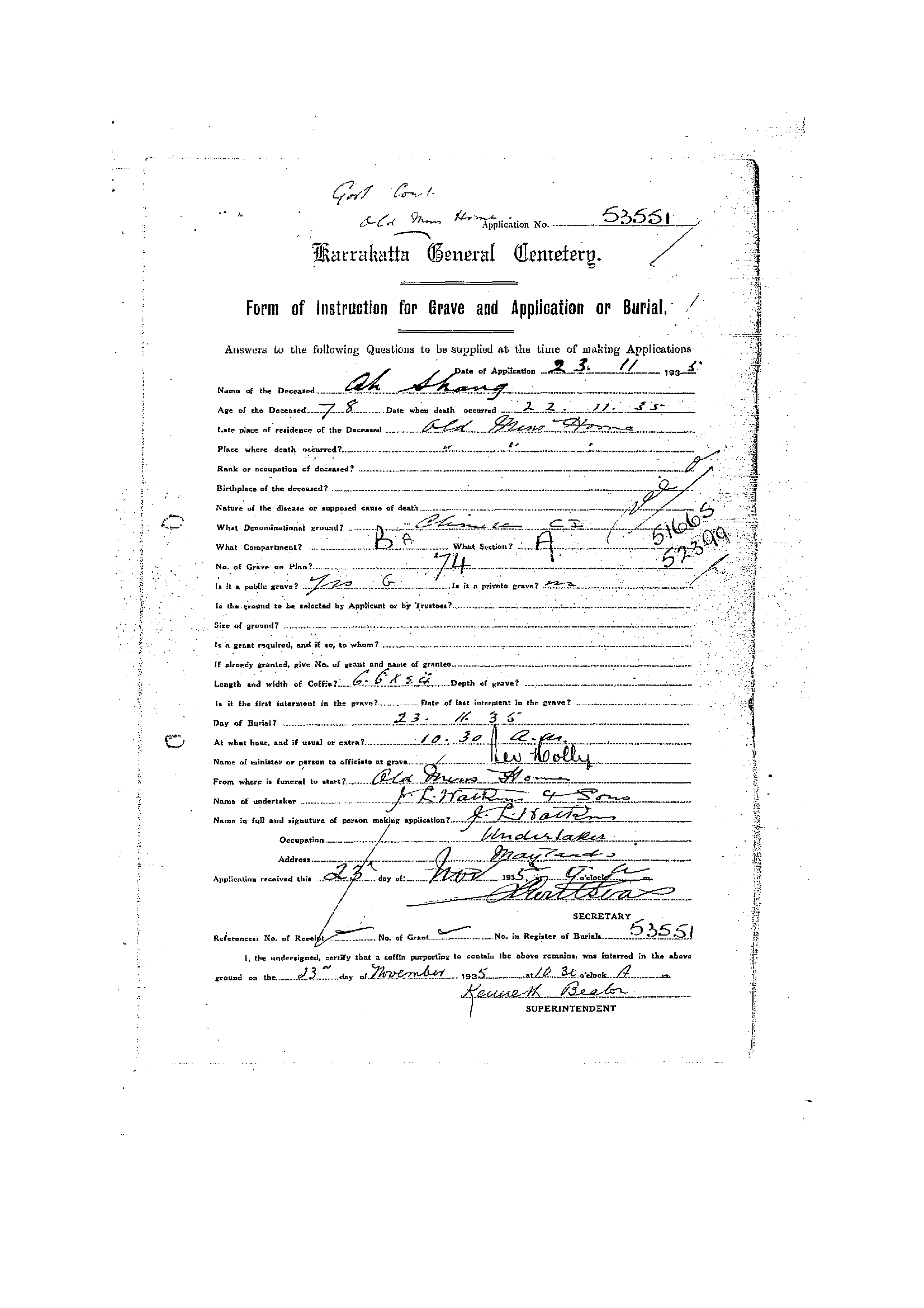 Ah Shang Karrakatta Cemetery record