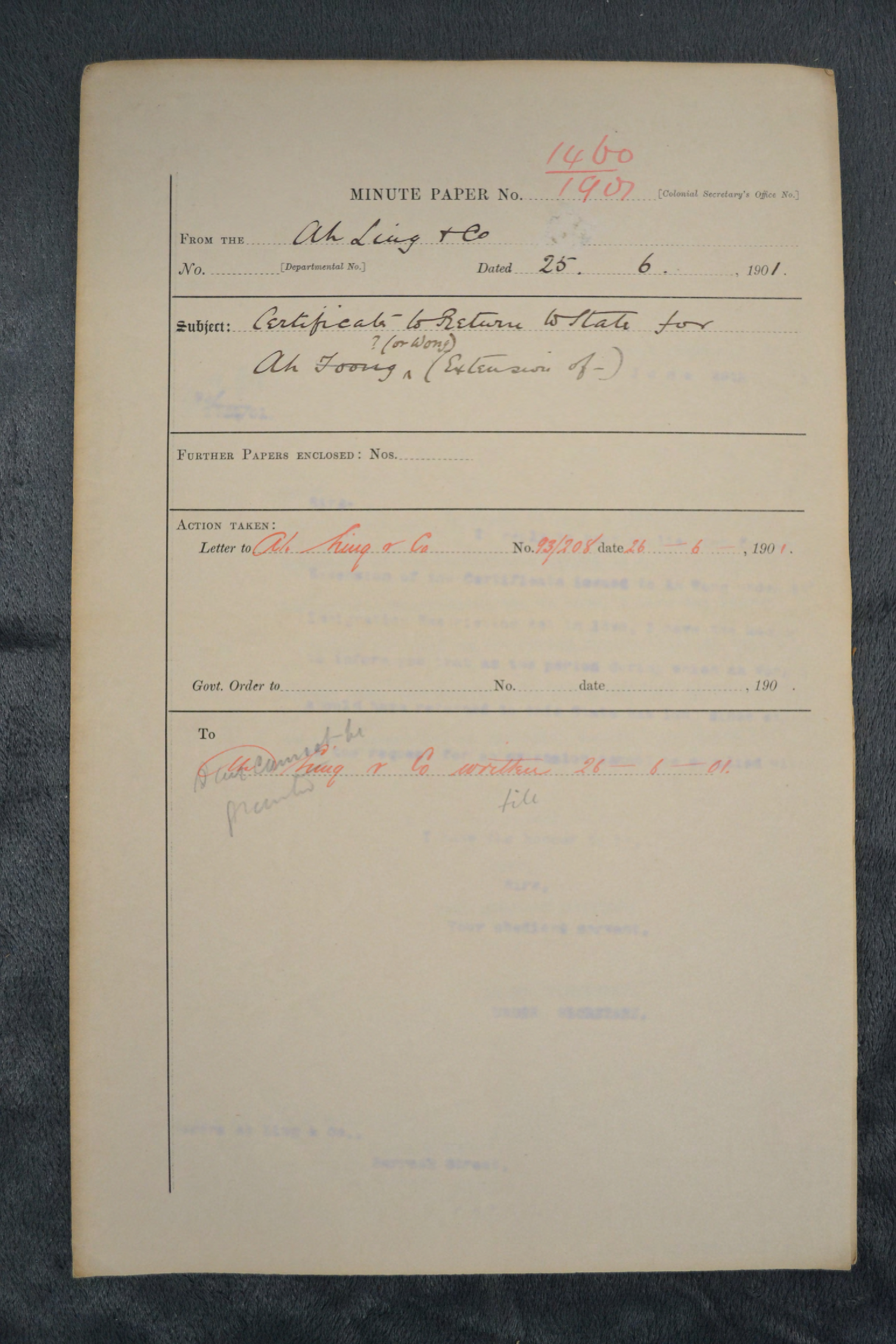 Ah Toong or Ah Wong 1901-1460