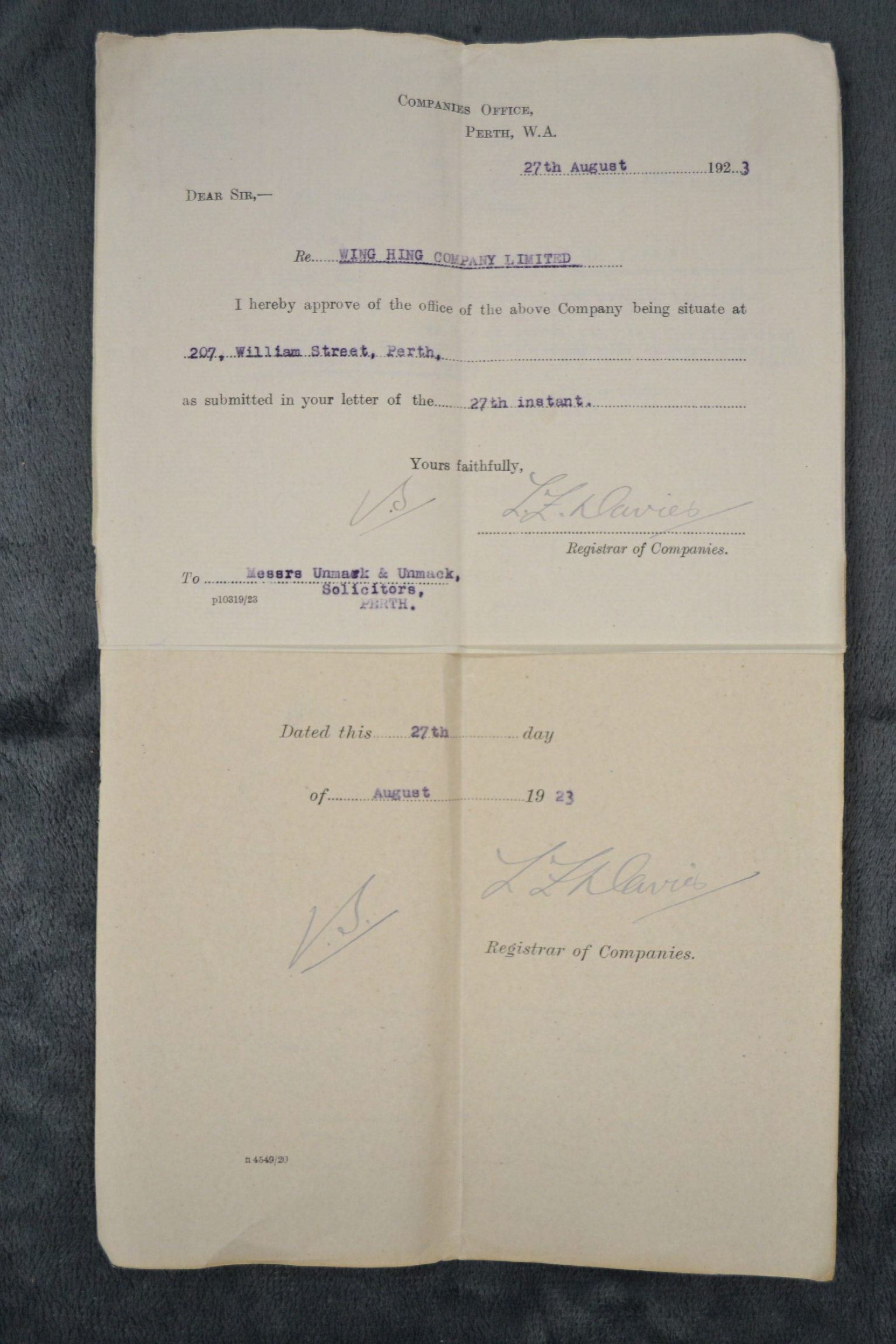 Wing Hing &amp; Co Company Registration papers