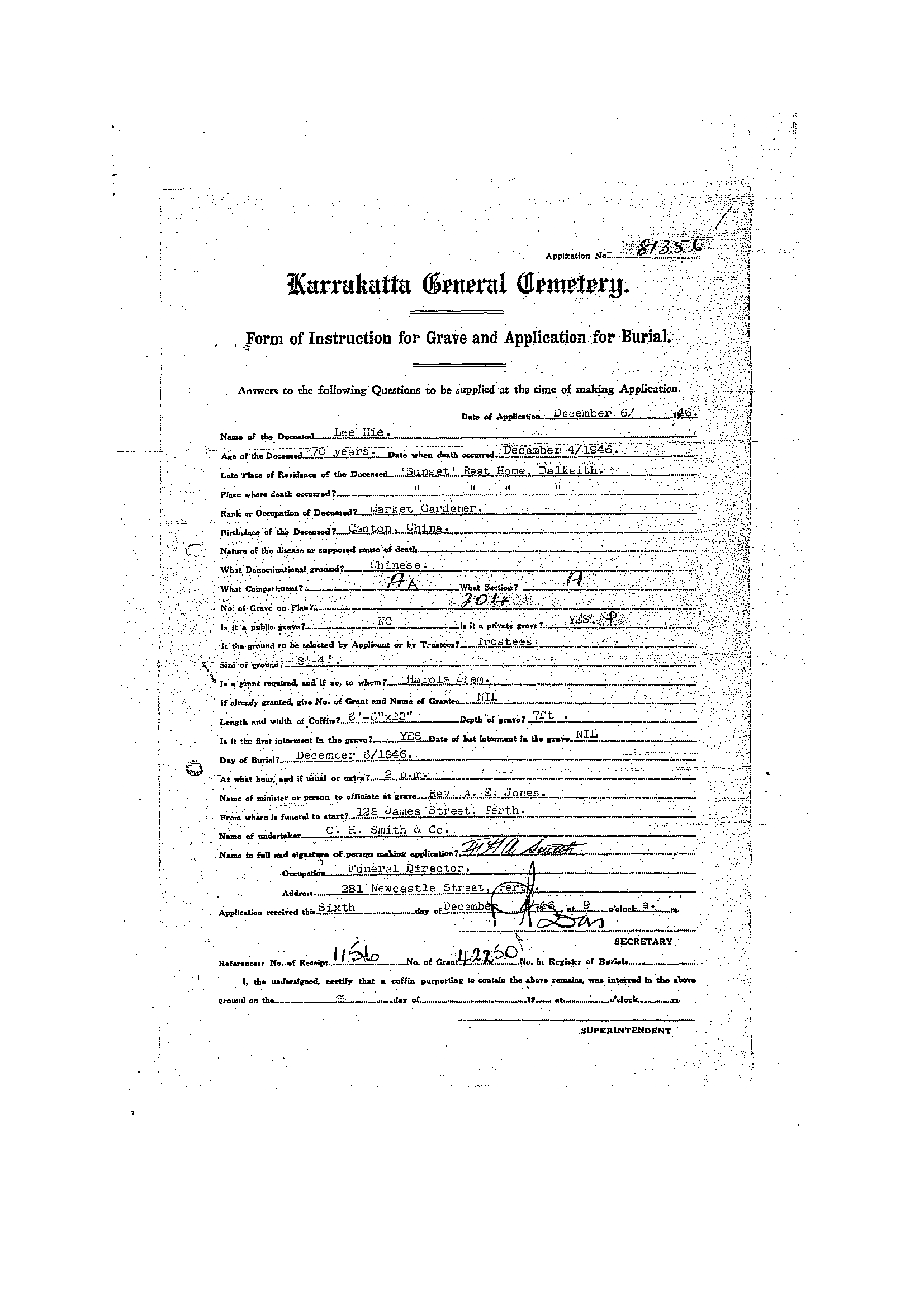 Lee Hie Karrakatta General Cemetery application