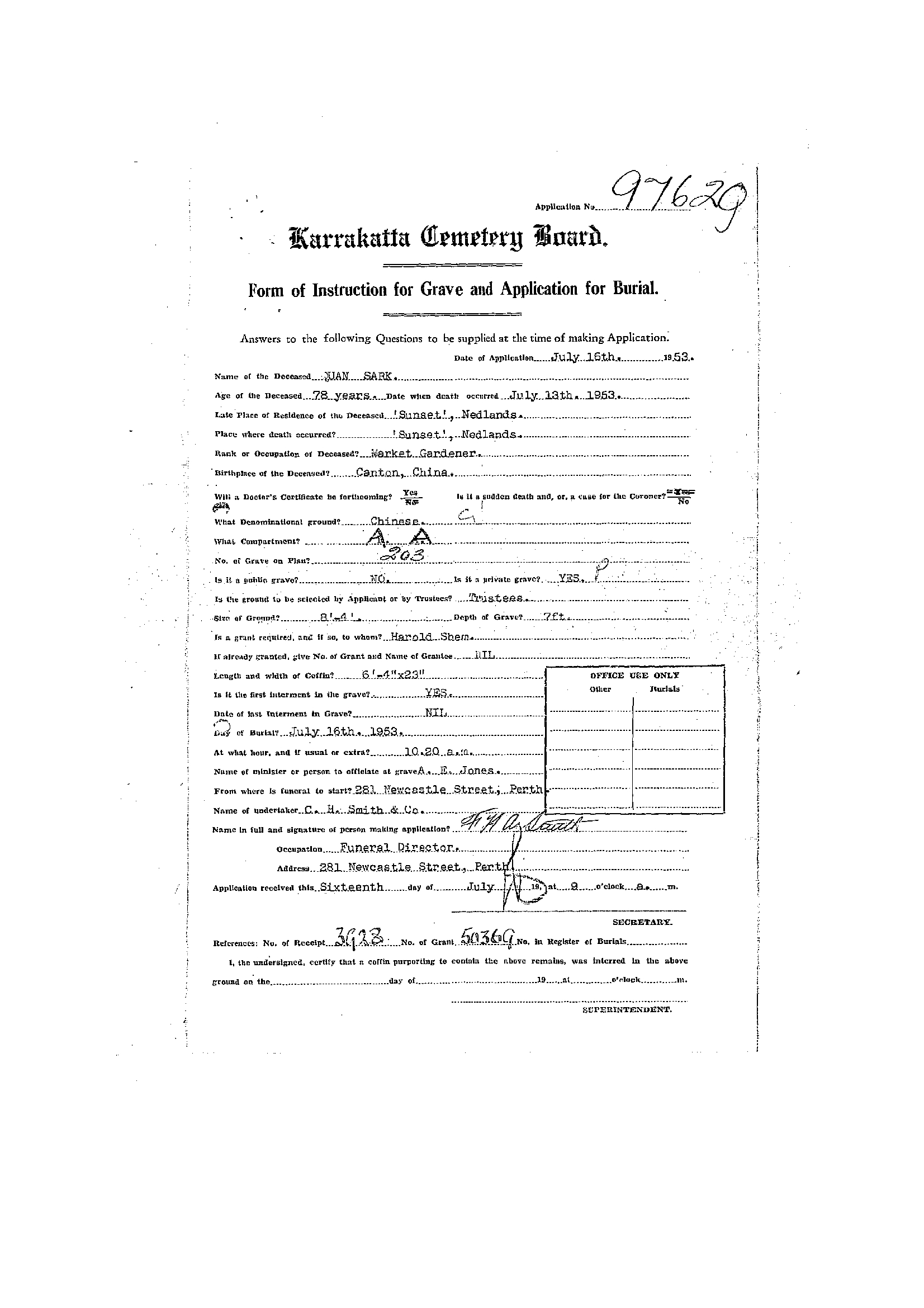 Quan Sark Karrakatta General Cemetery application