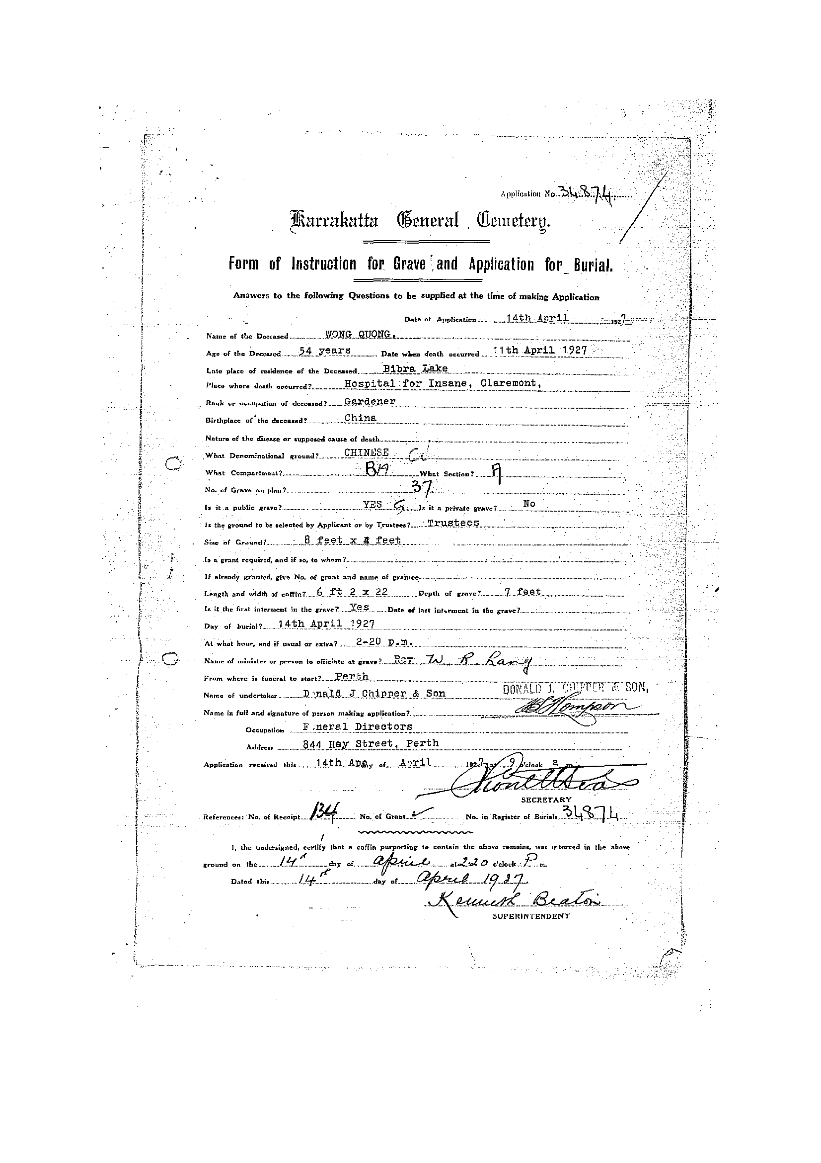 Wong Quong Karrakatta General Cemetery application