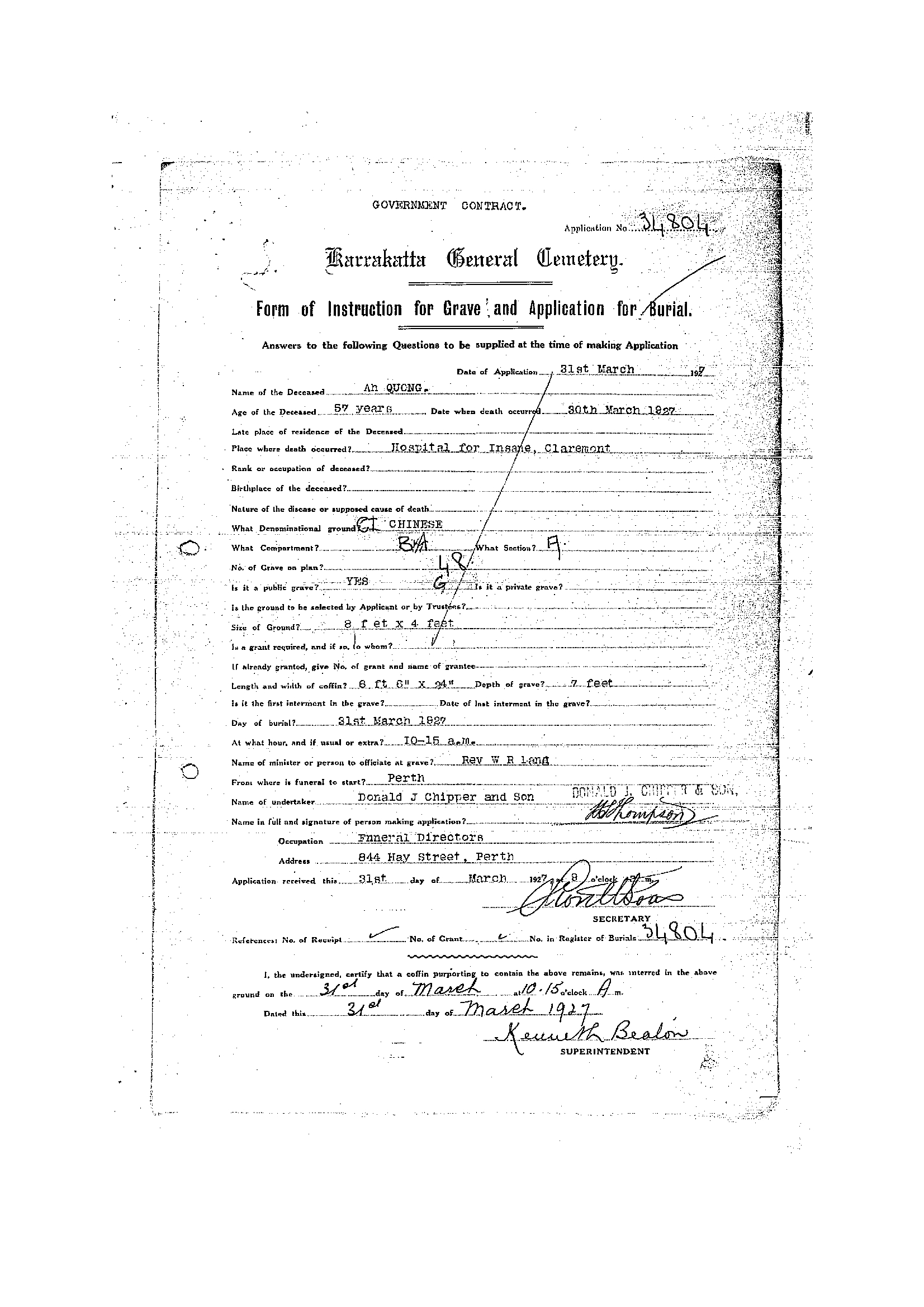 Ah Quong Karrakatta General Cemetery application