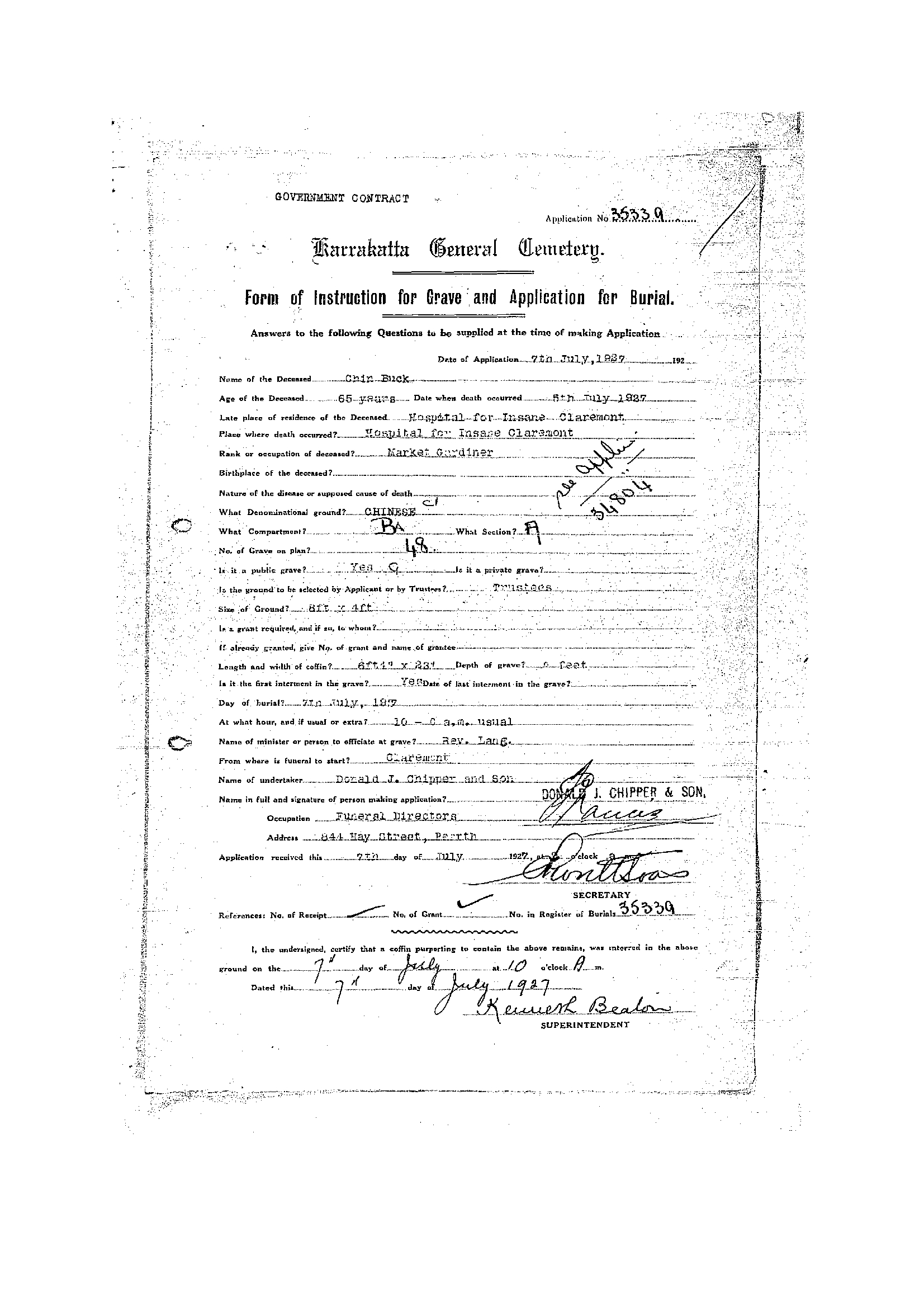Chin Buck Karrakatta General Cemetery application