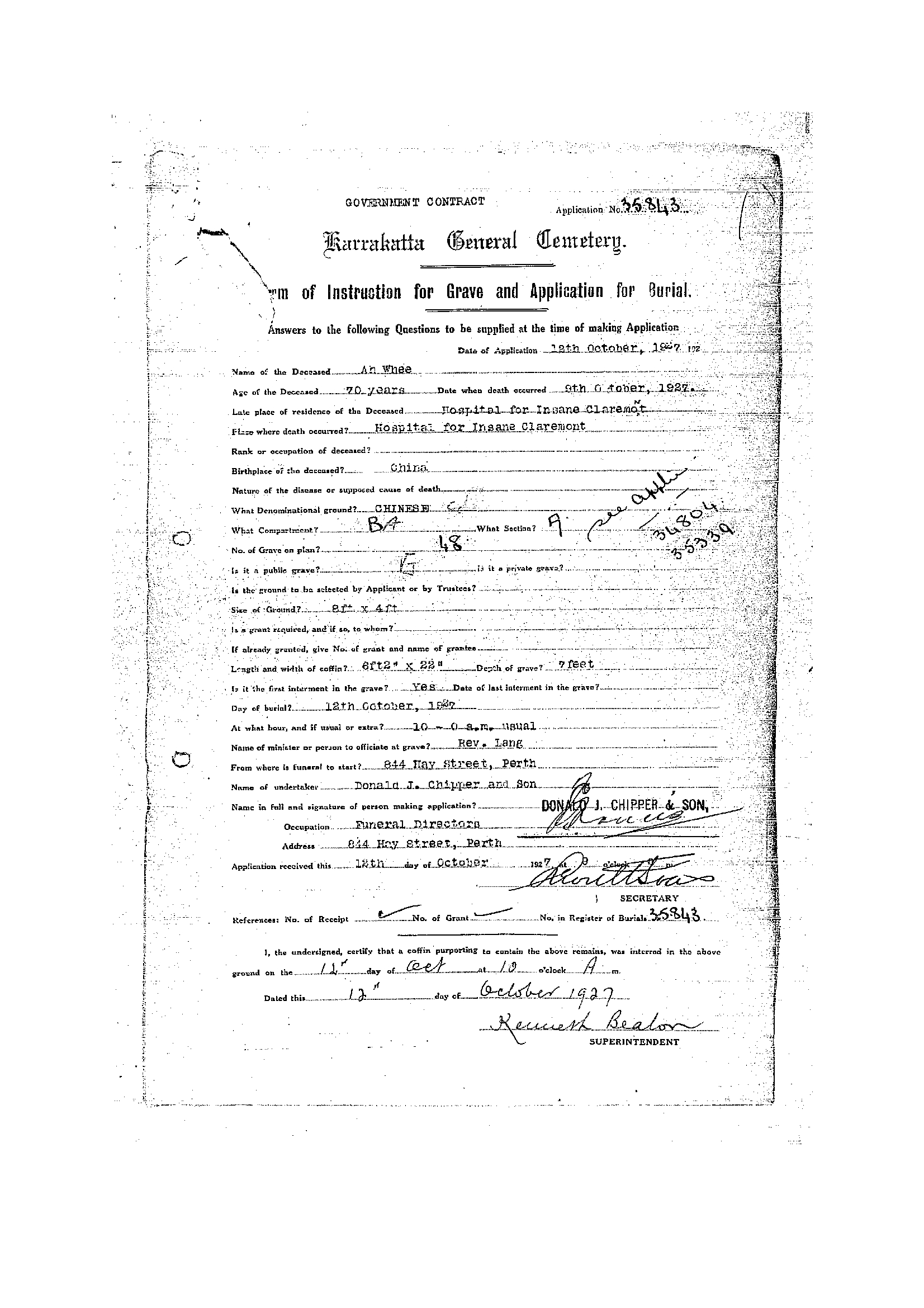 Ah Wee Karrakatta General Cemetery application