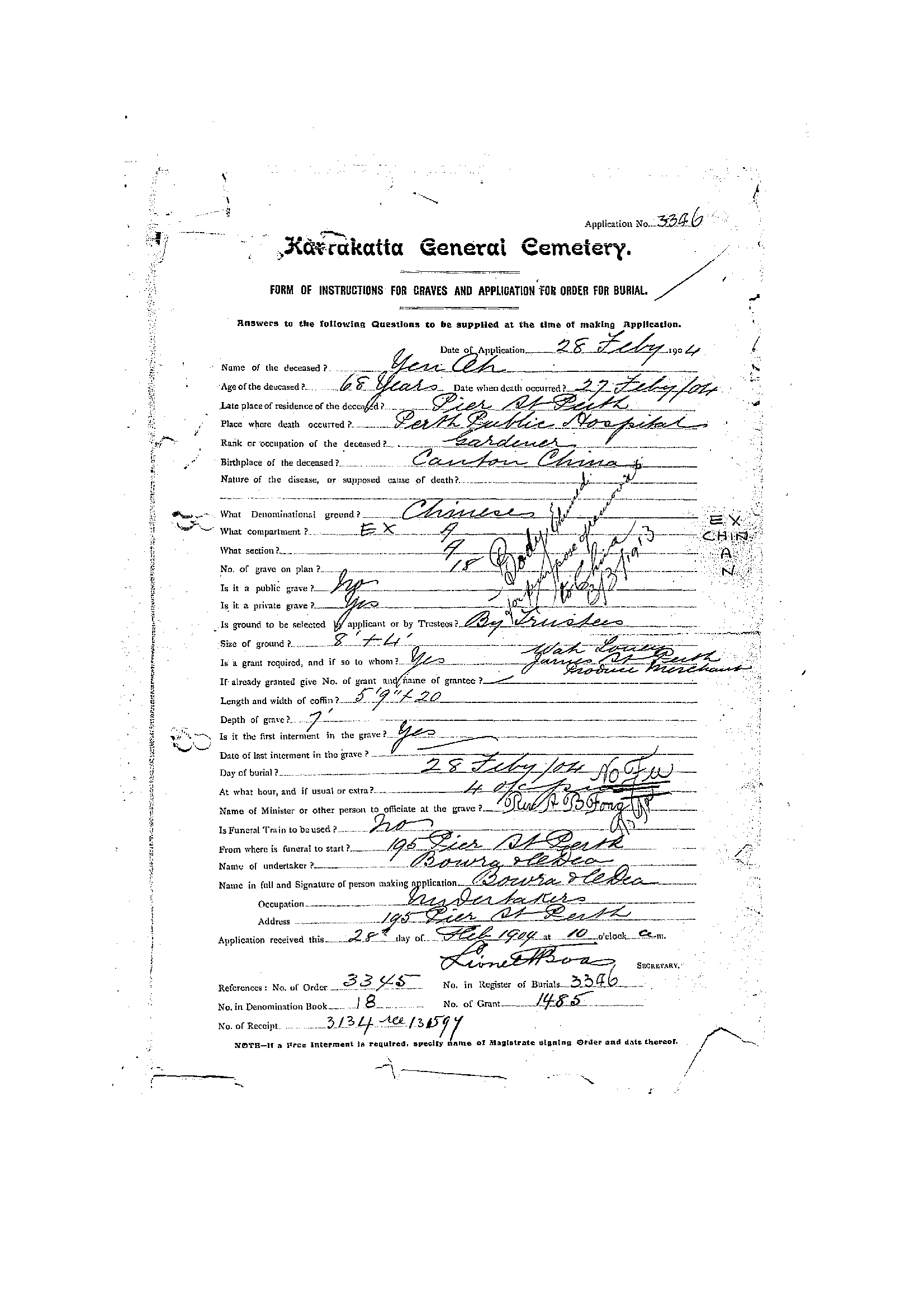 Ah Yen Karrakatta General Cemetery application