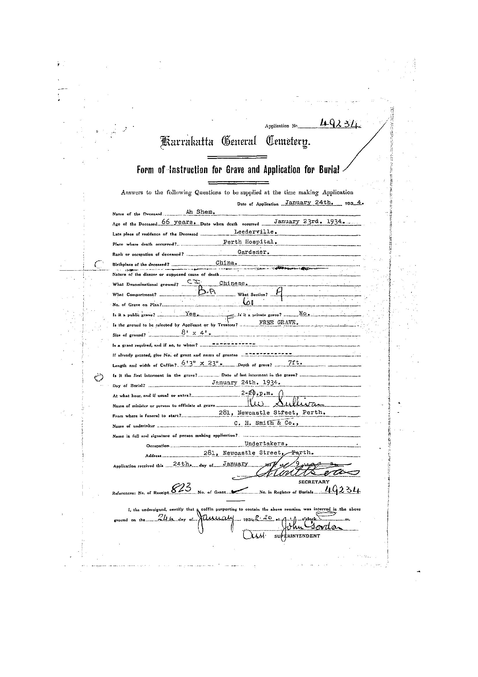 Ah Shem Karrakatta General Cemetery application