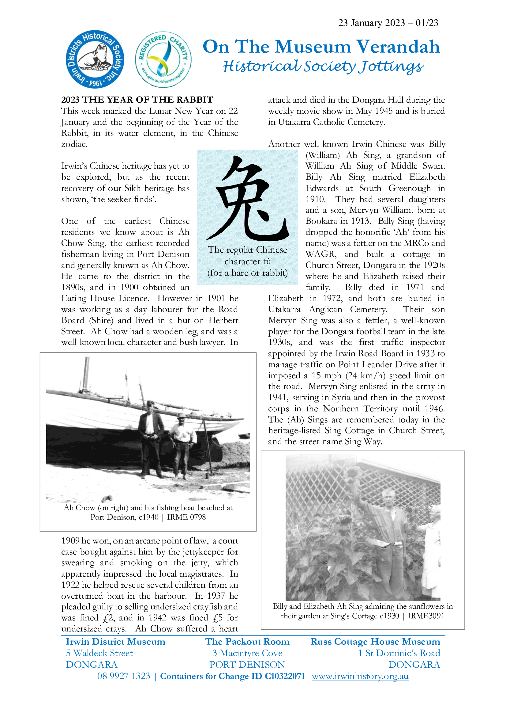 Irwin Districts Historical Society Newsletter - 23 January 2023