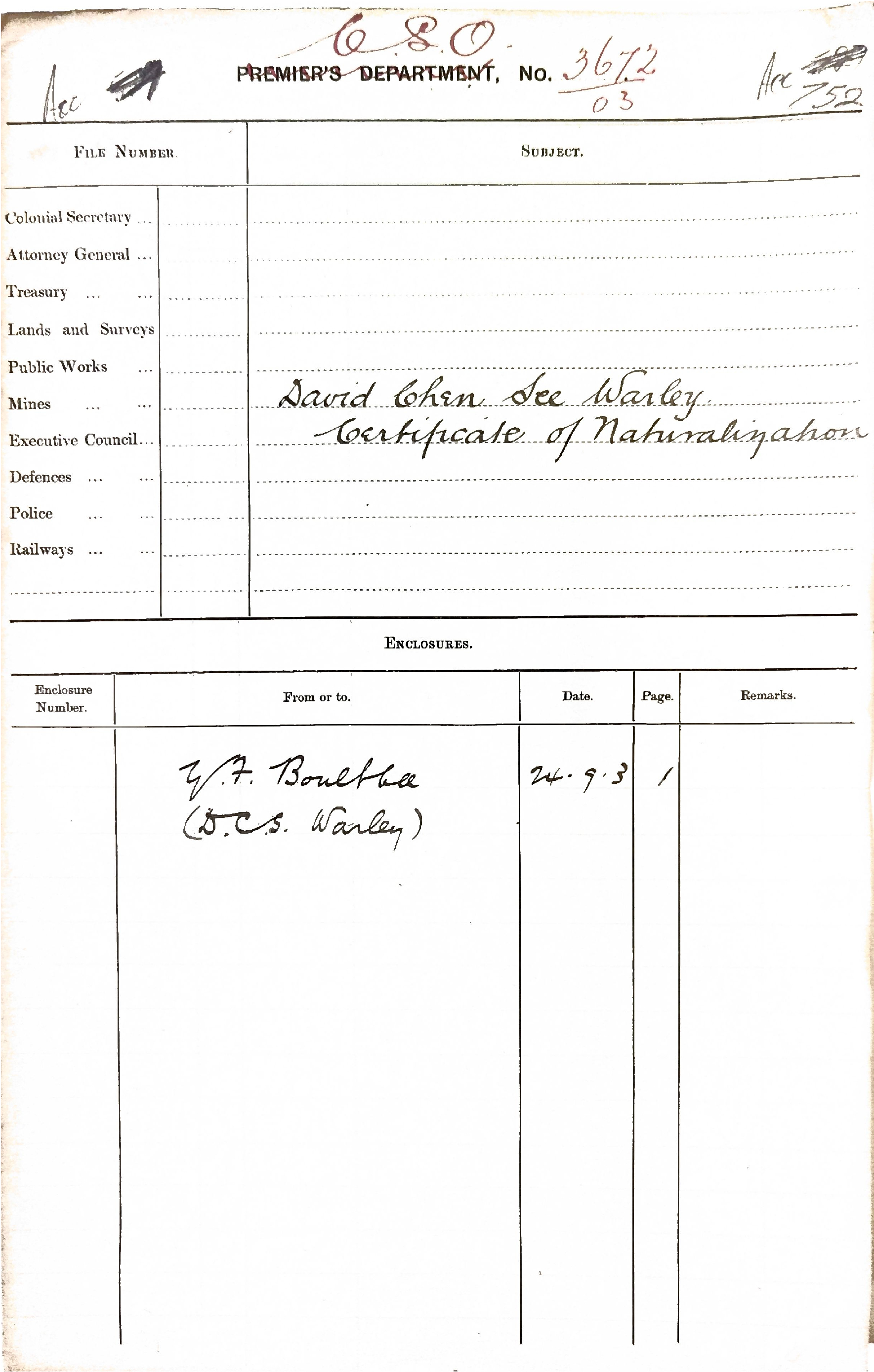 CHEN SEE David - Request for Naturalisation 1903
