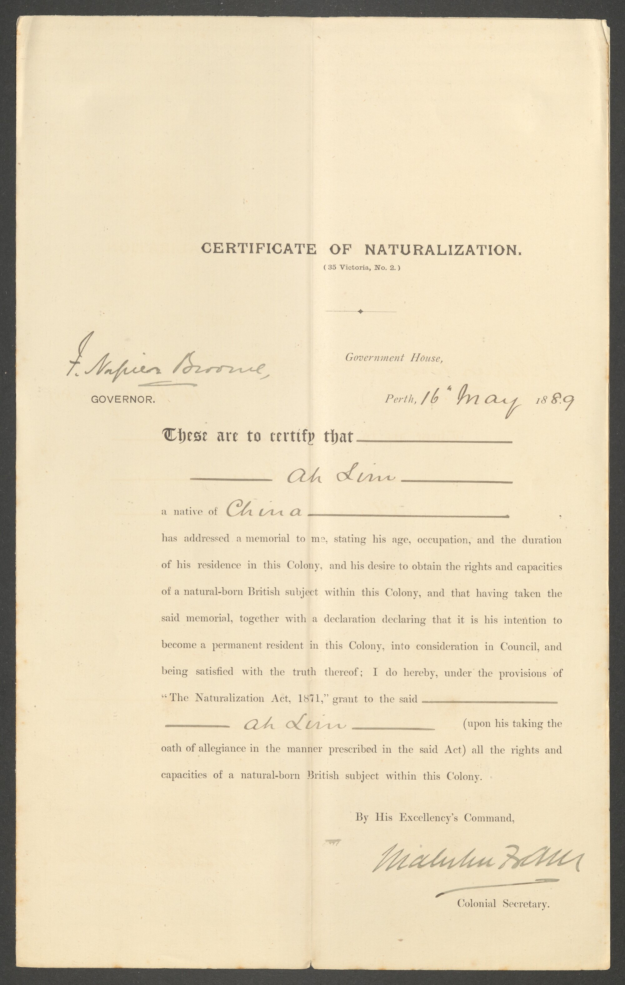 Naturalization Certificate Ah Lim