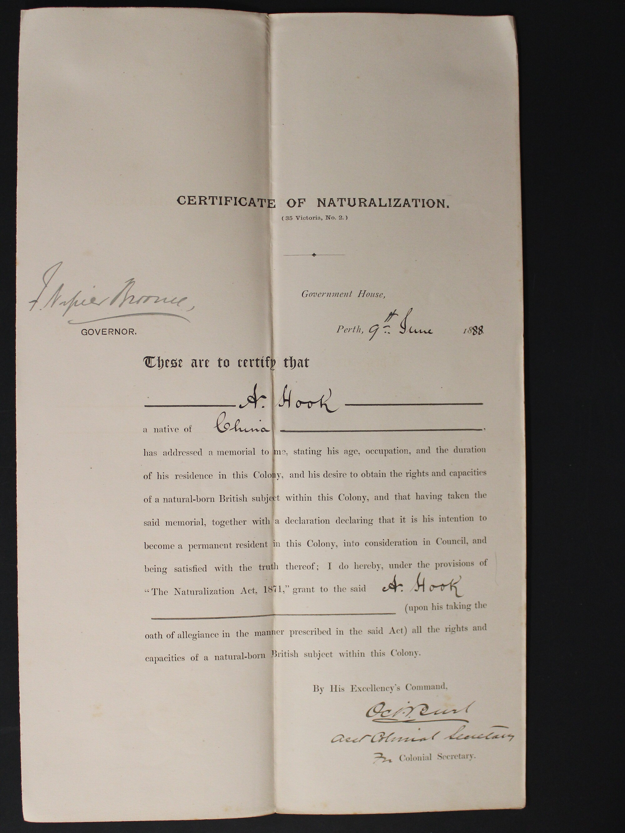Naturalization Certificate A Hook