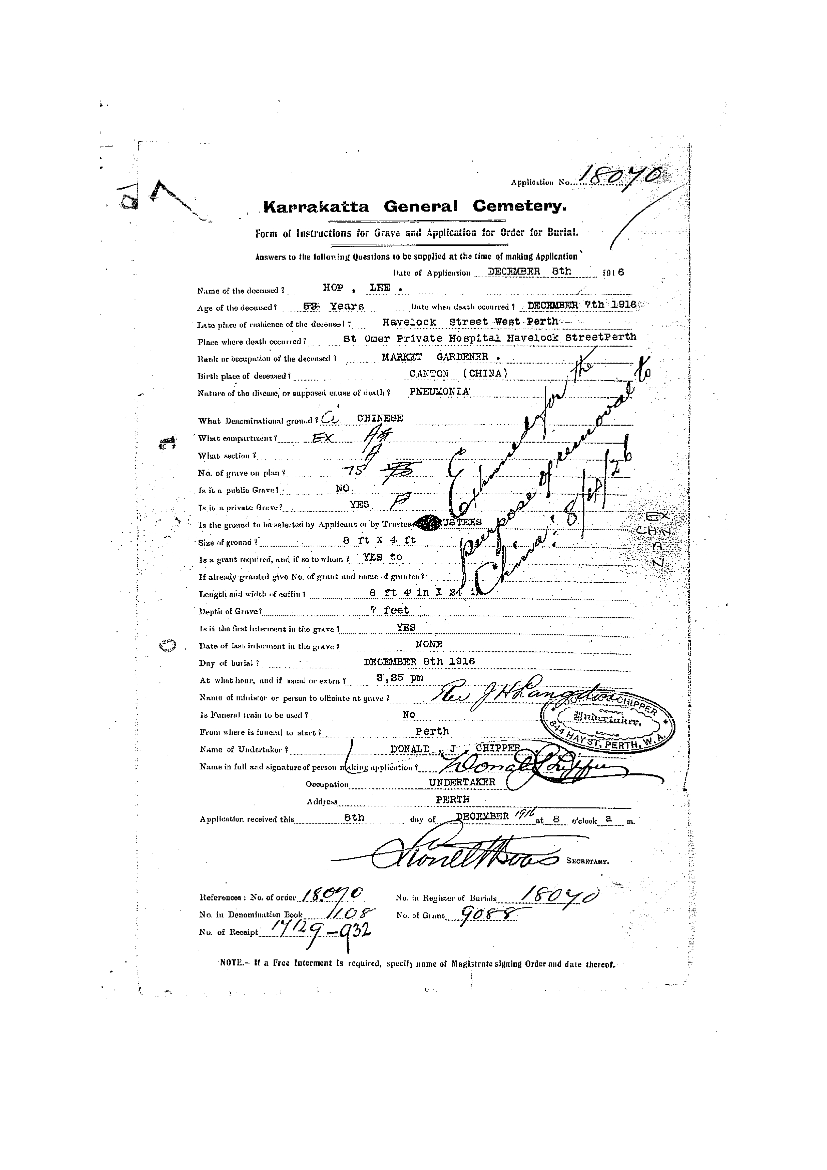 Hop Lee (1) Karrakatta Burial Record