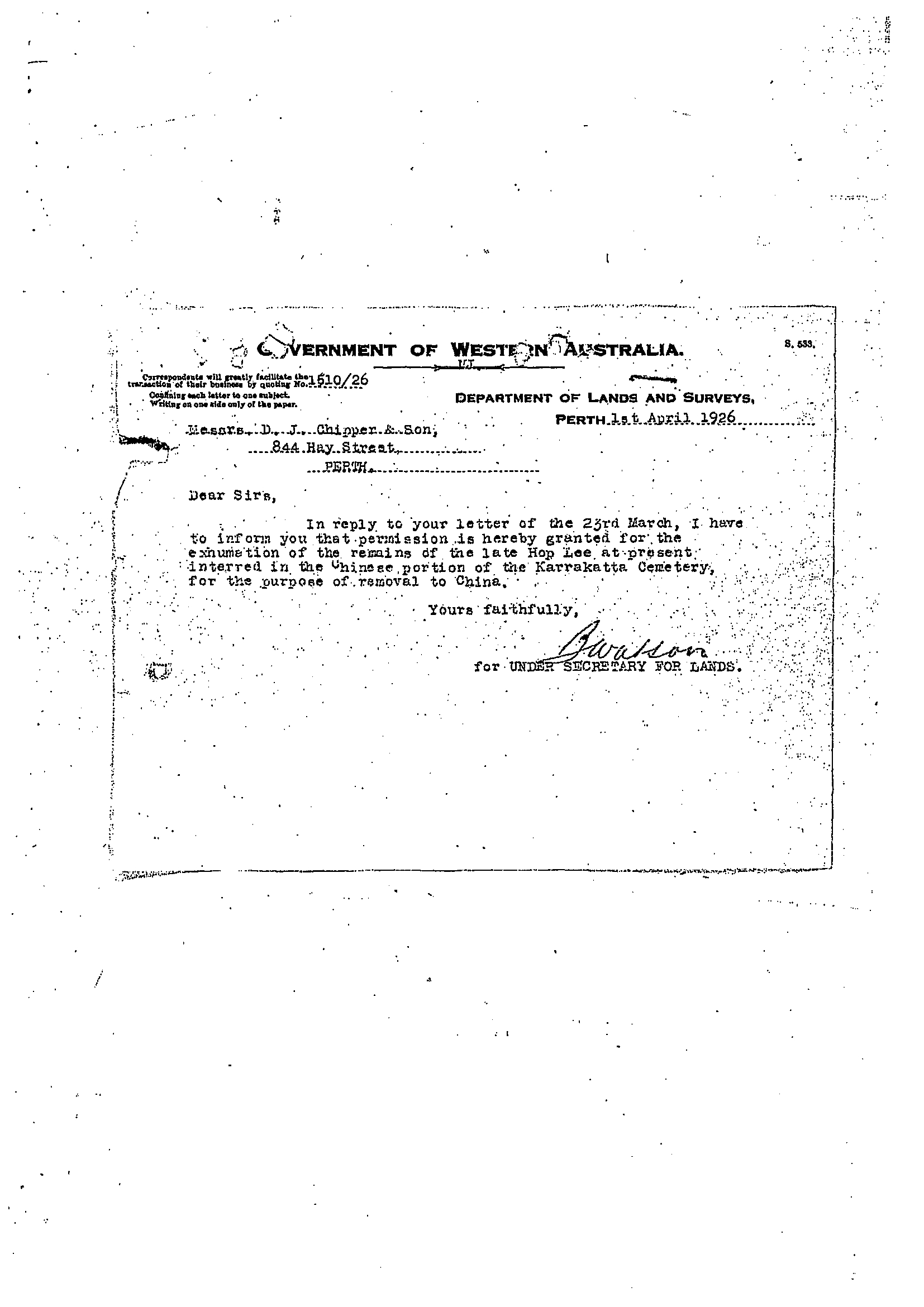 Hop Lee (1) Karrakatta Burial Record