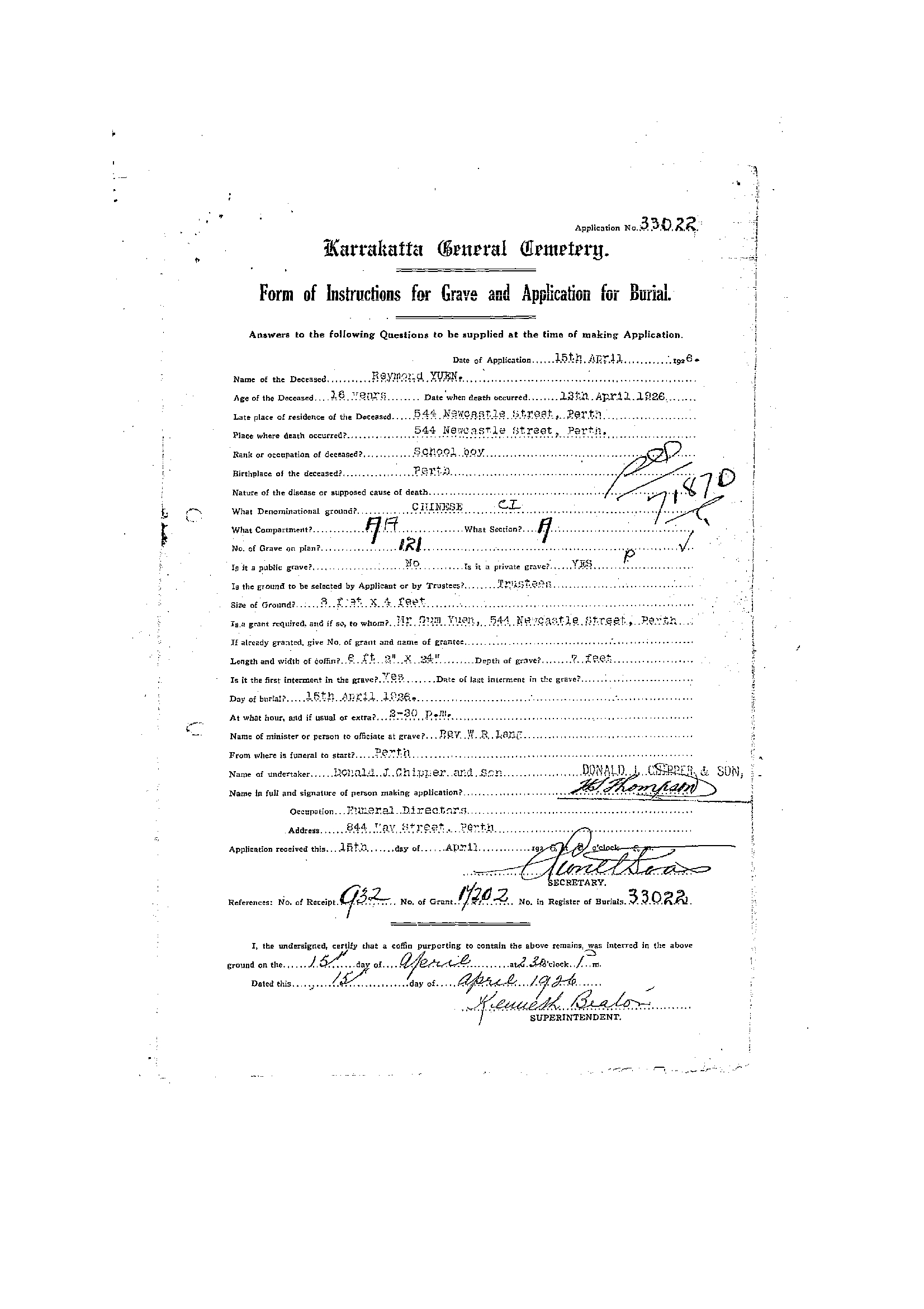 Yuen Reymond Karrakatta Cemetery record