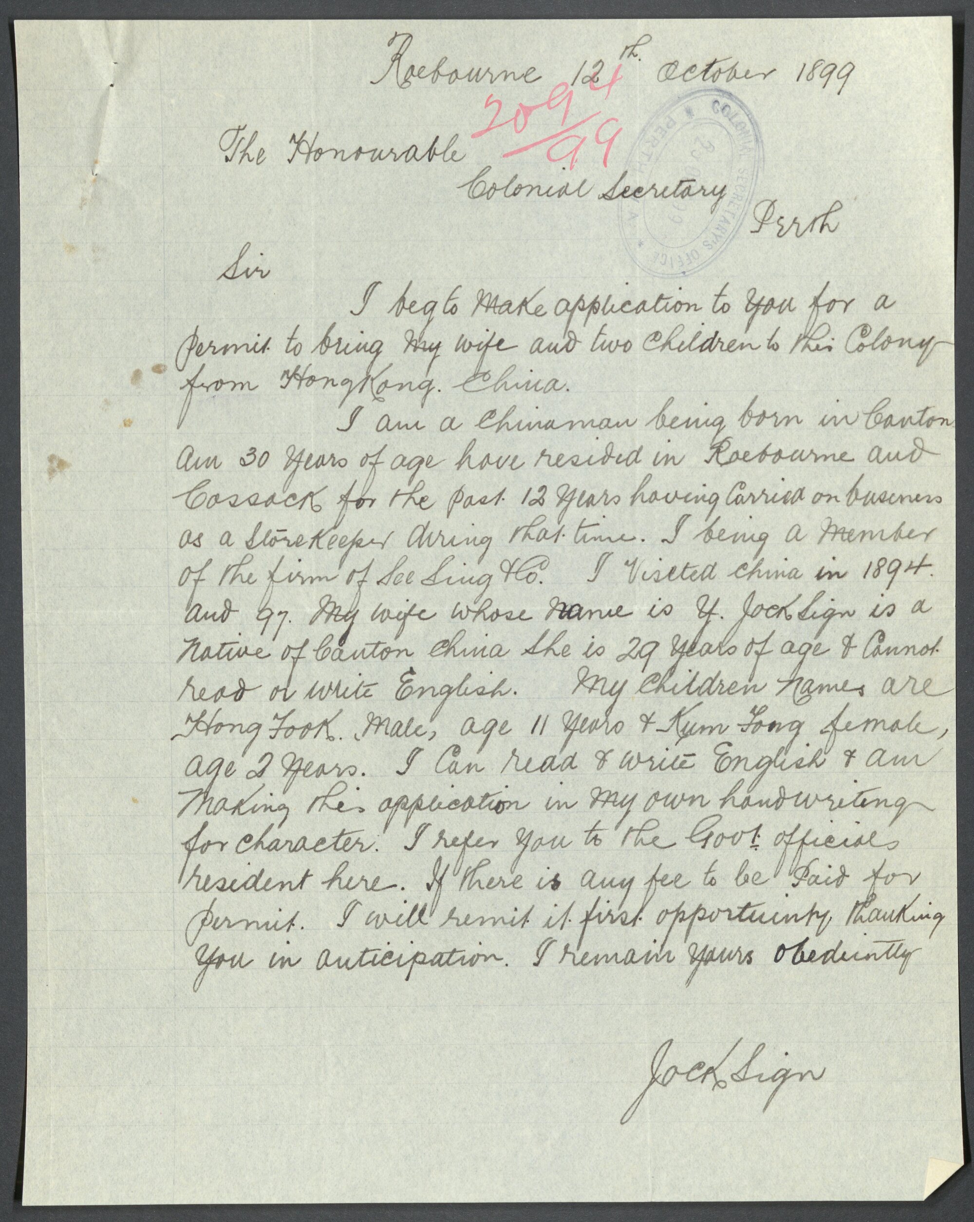 Jock Sign letter to Colonial Secretary