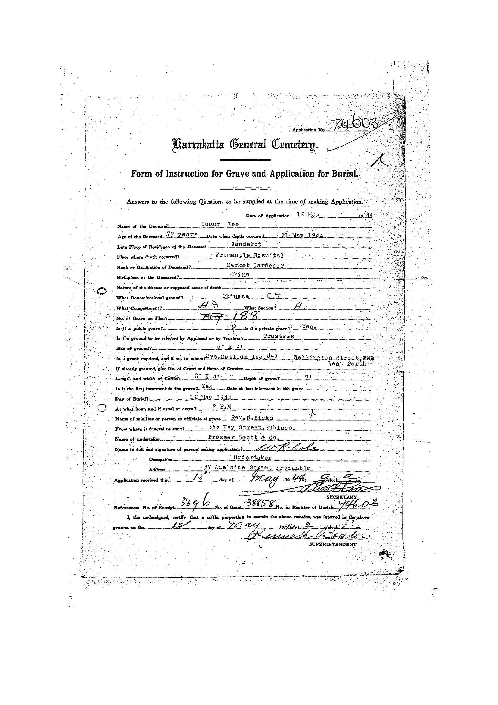 Quong Lee Karrakatta Cemetery record