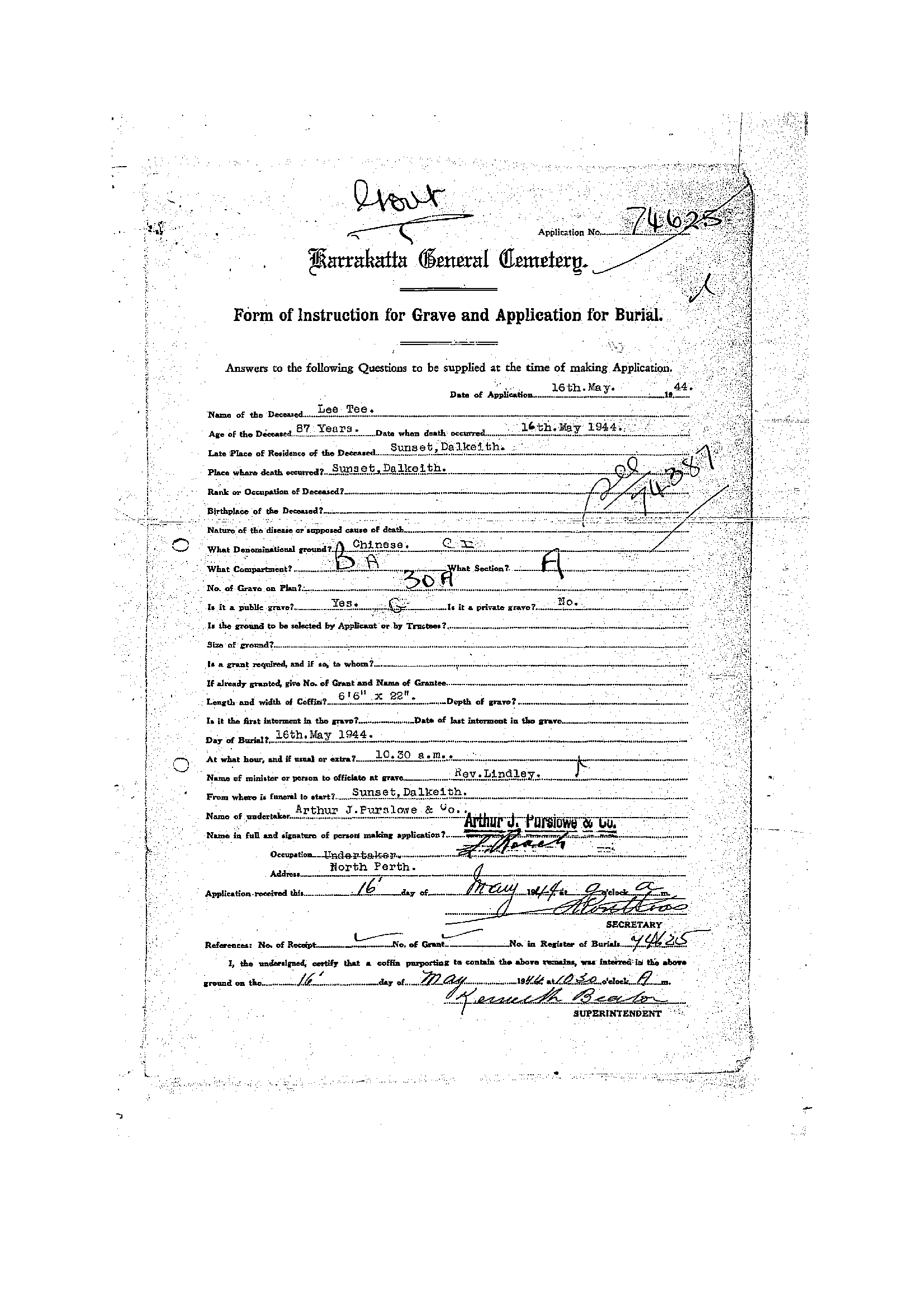 Lee Tie [Tee] Karrakatta Cemetery record