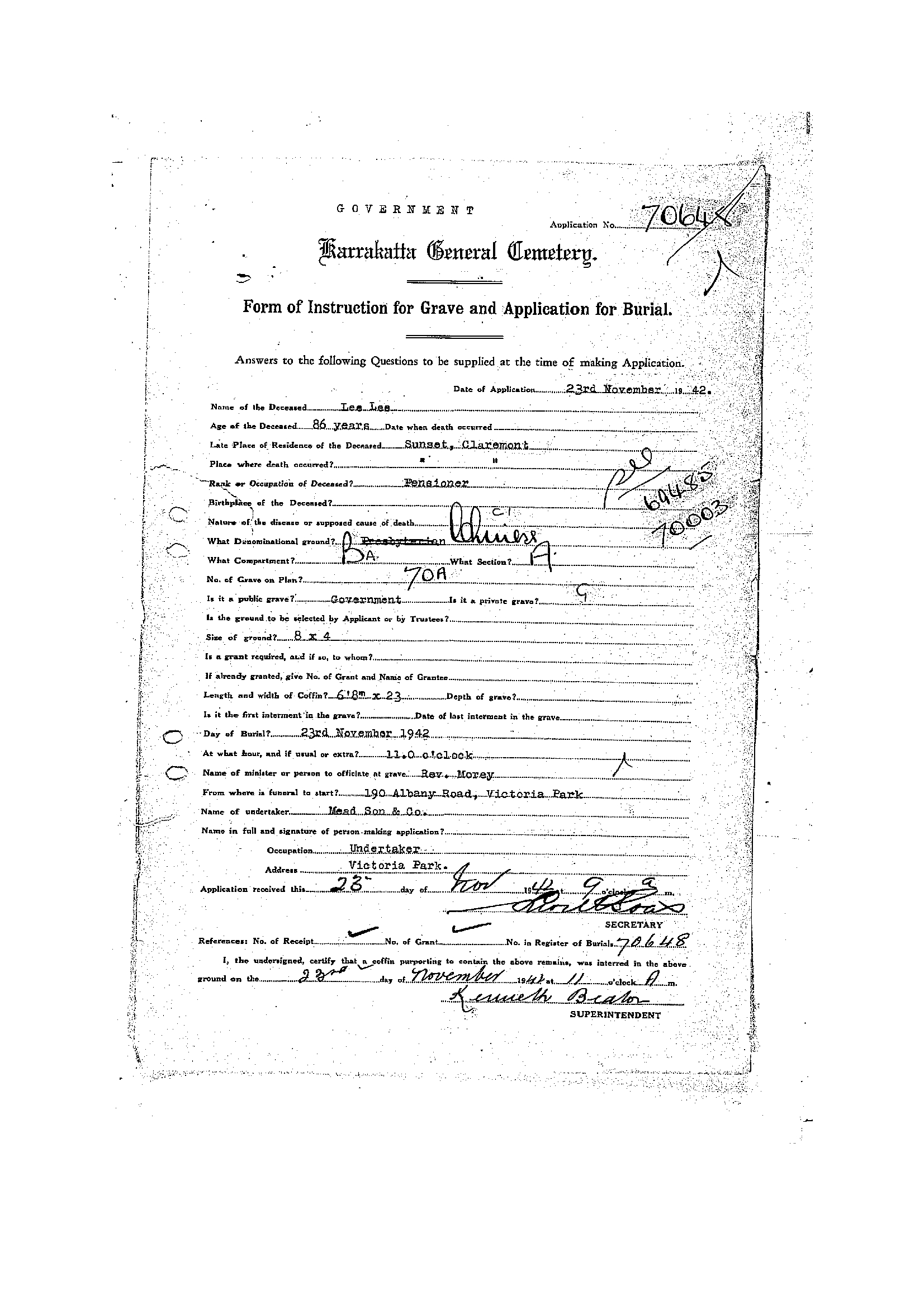 Lee Lee Karrakatta Cemetery record