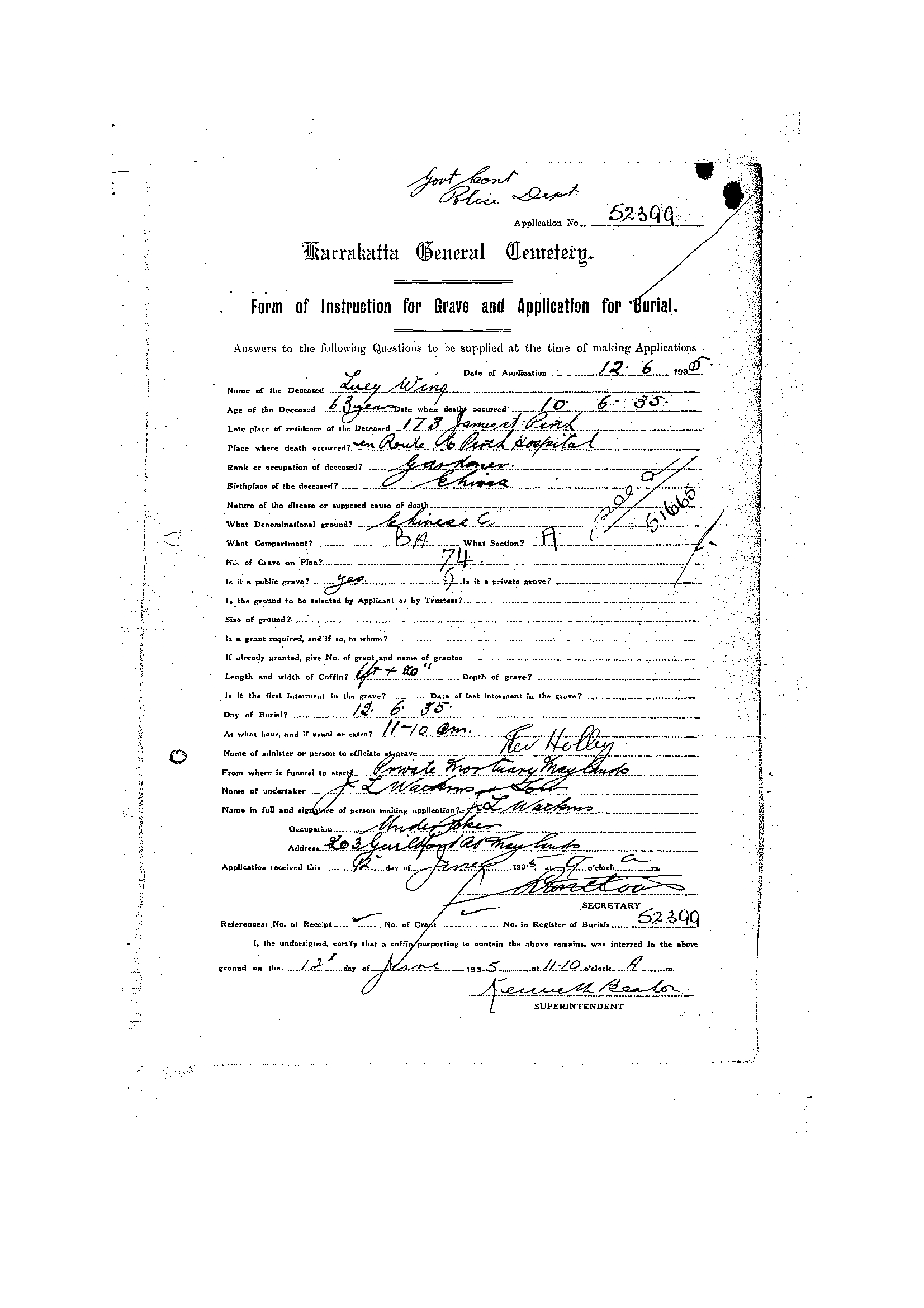 Louey Wing Karrakatta Cemetery record
