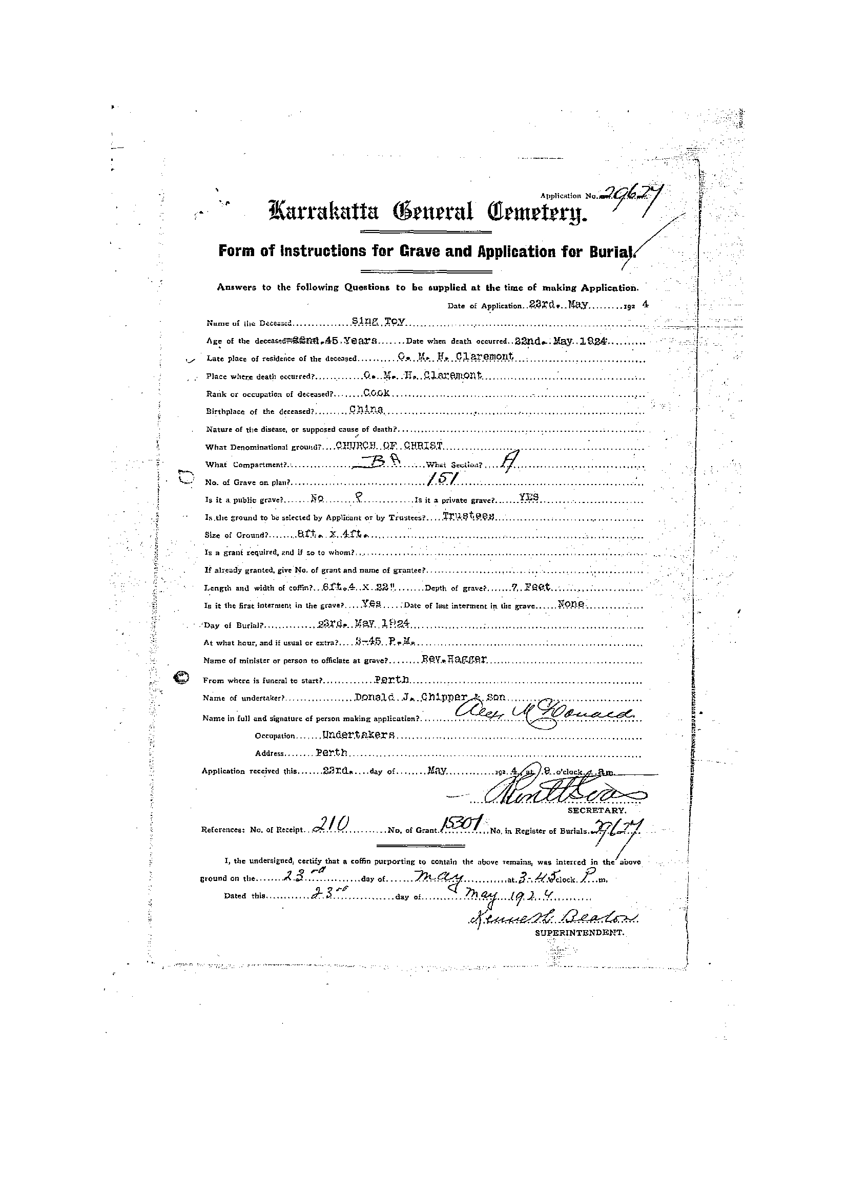 Sing Toy Karrakatta Cemetery record
