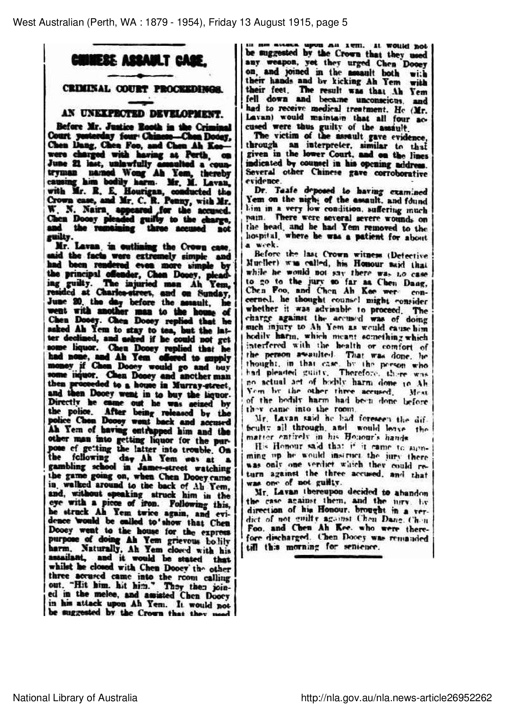 Chinese Assault Case 1915