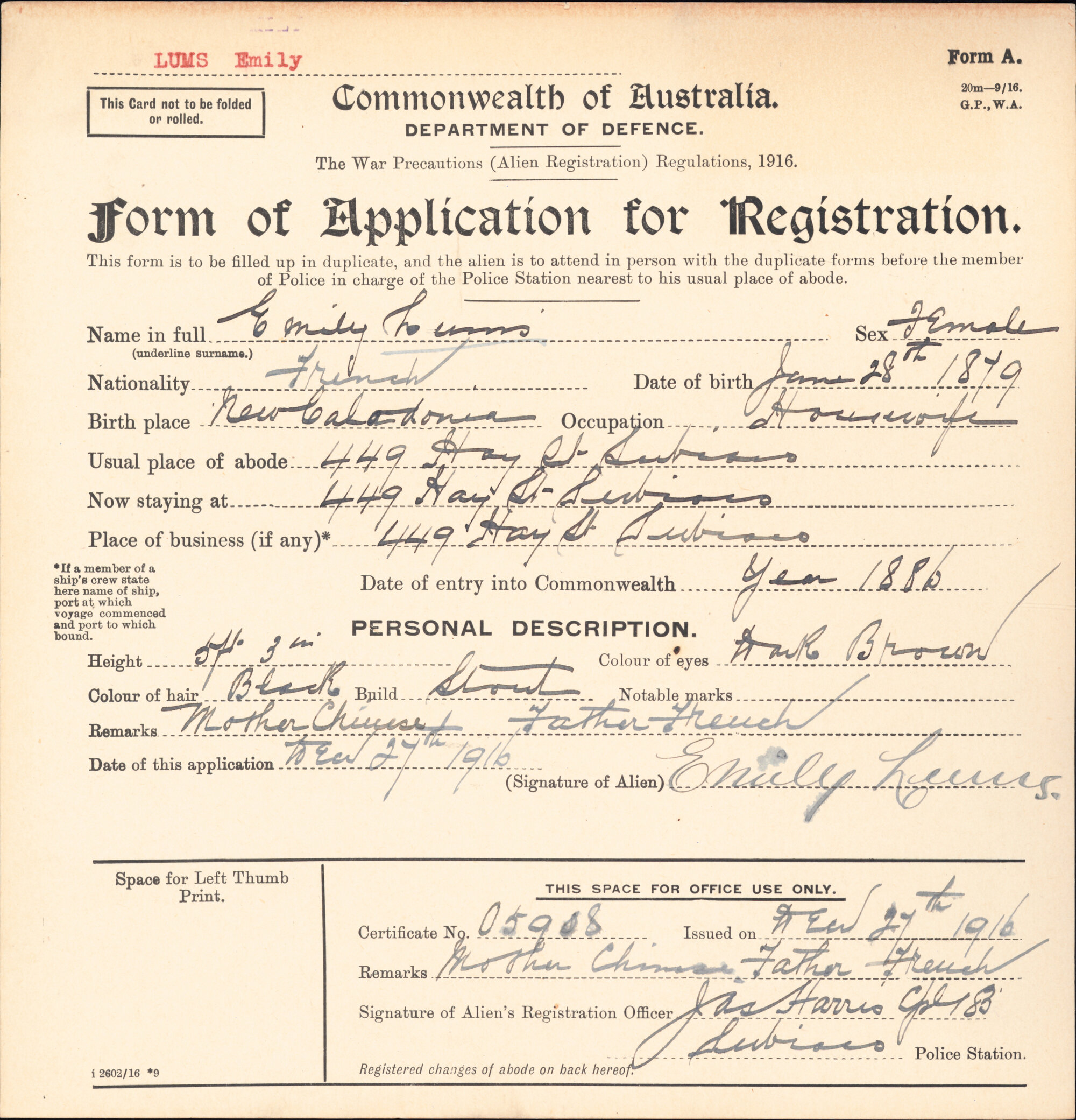 Emily Lums Alien Registration card