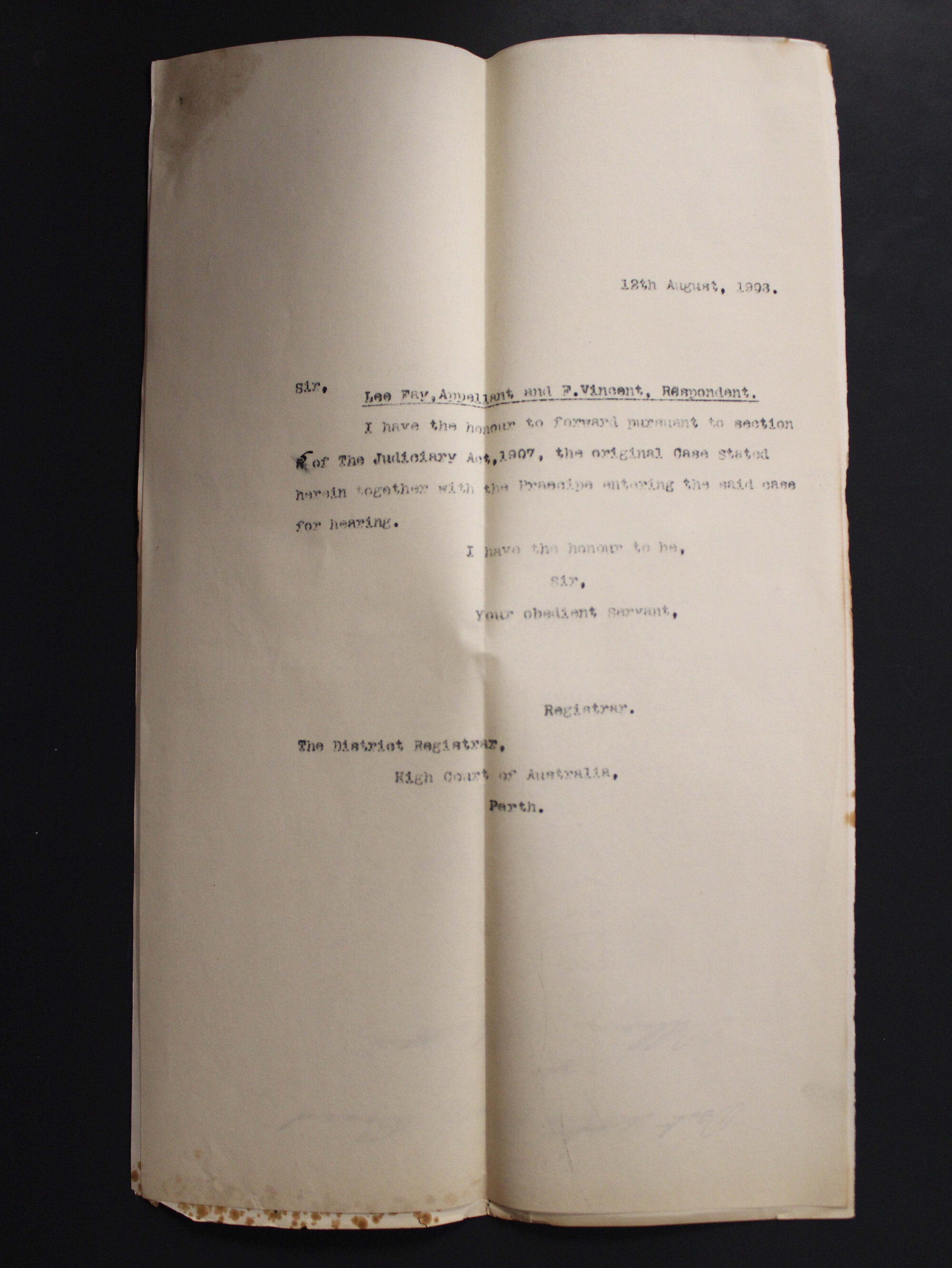 SRO File 'Lee Fay and Frank Vincent - Case Stated'