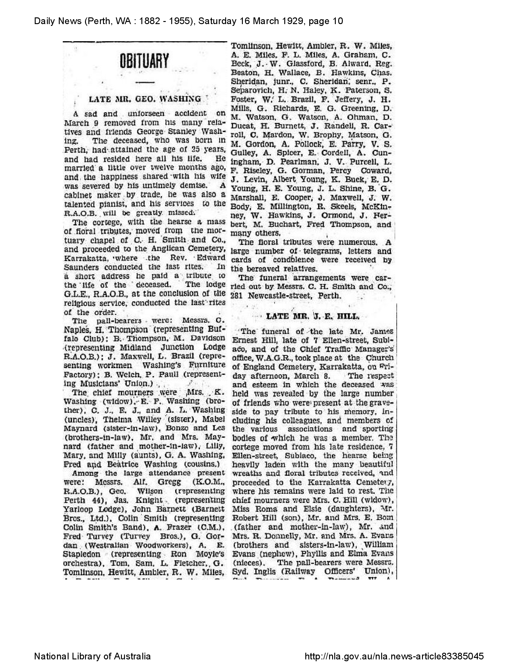 George Stanley Washing - Obituary