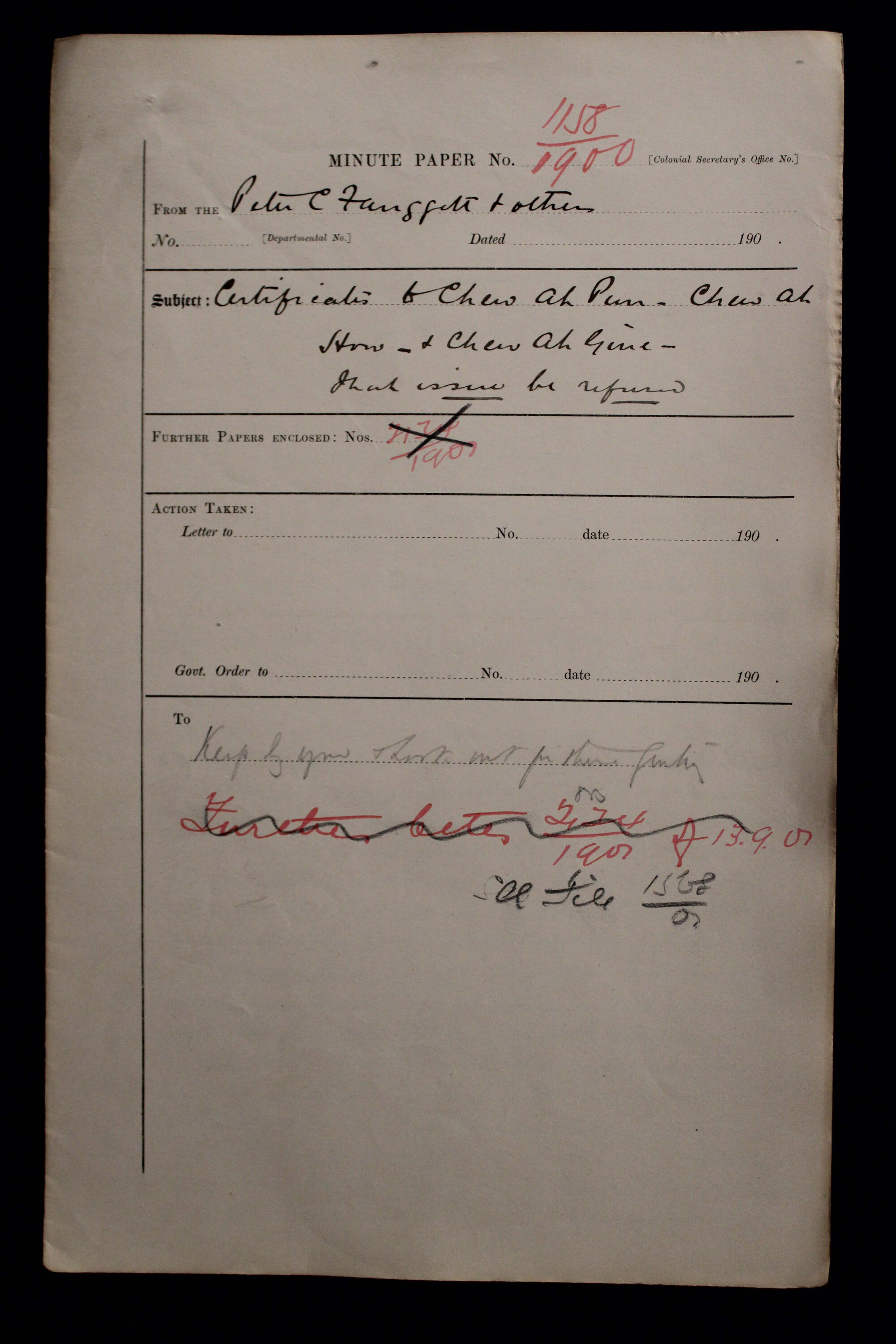 Chew Ah Pun, Chew Ah How, Chew Ah Gine 1900-1158